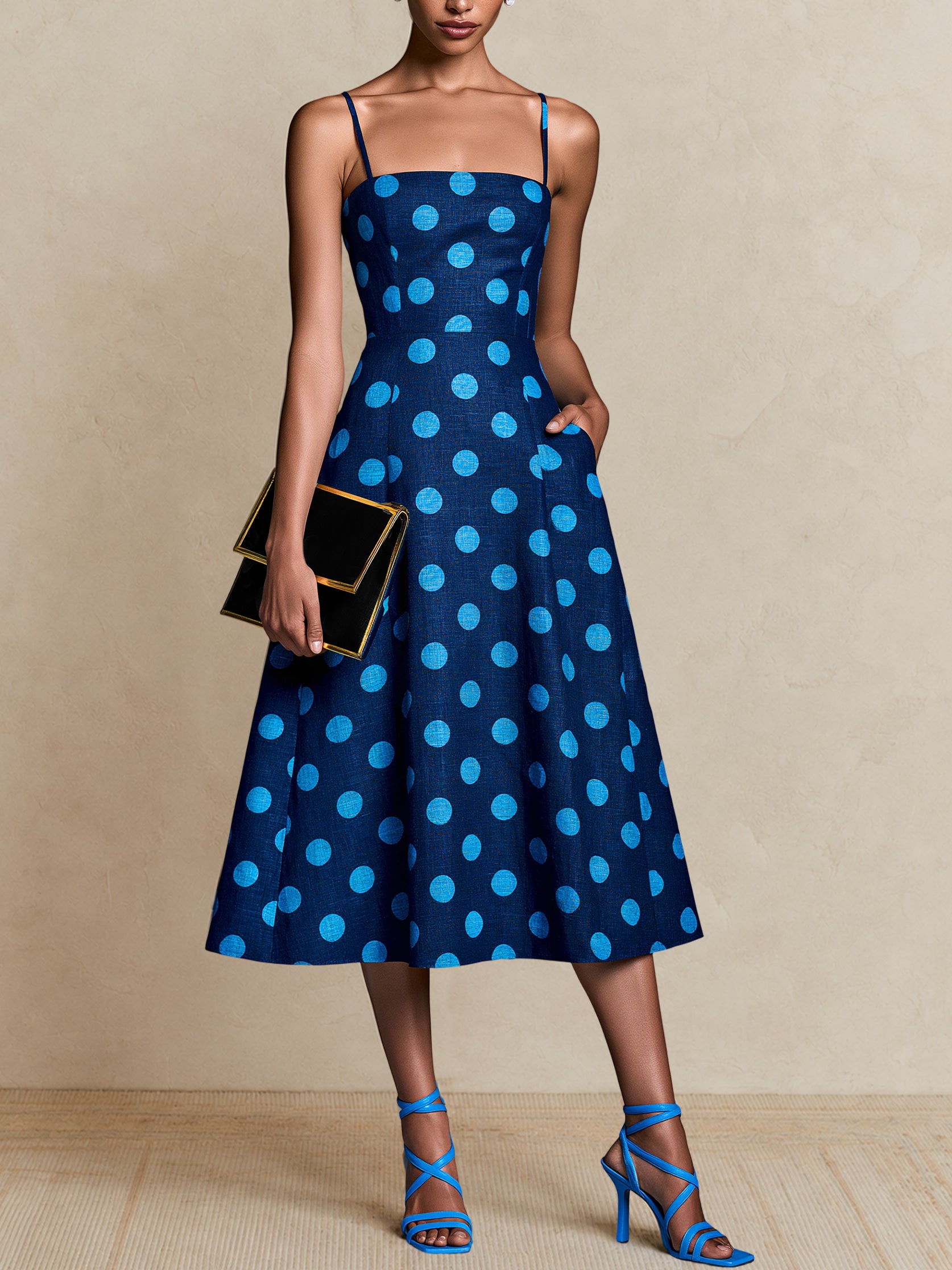 Liserie Elegant Blue Polka Dot Spaghetti Strap Midi Dress