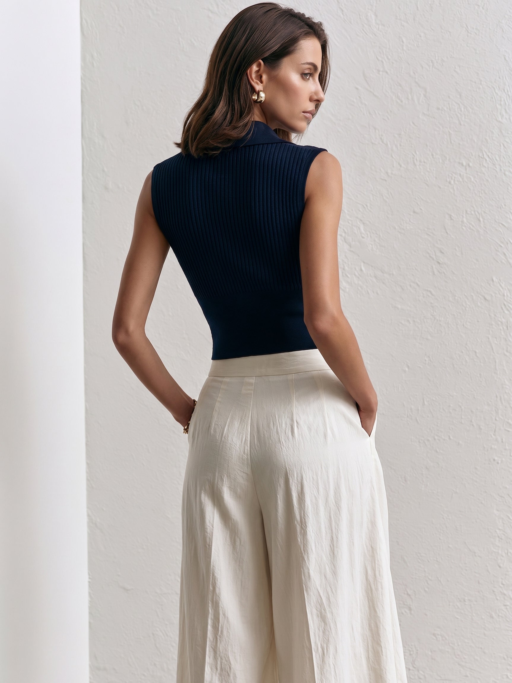 Liserie Ribbed Collared Knit Top