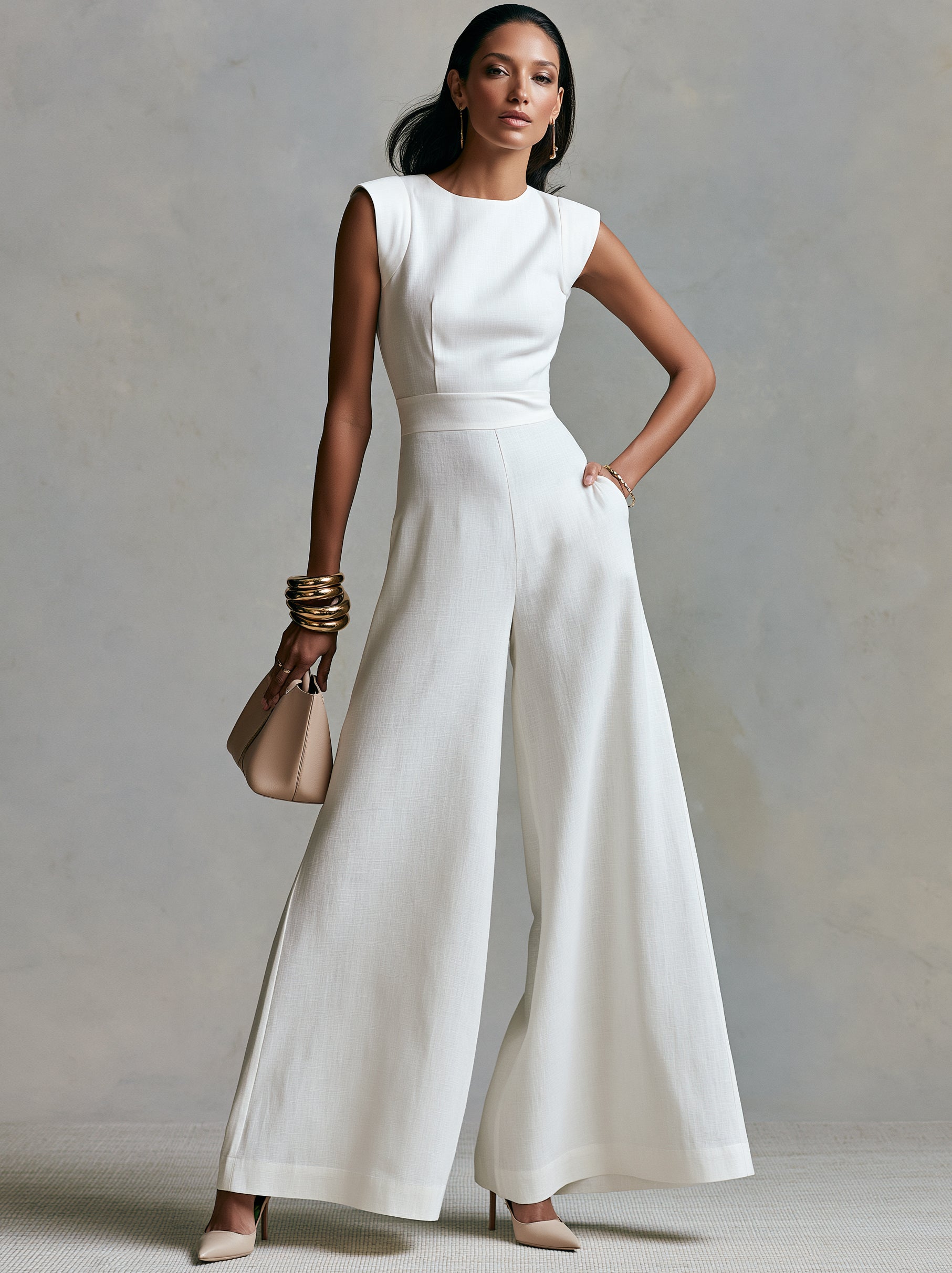 Liserie Linen White Sleeveless Jumpsuit