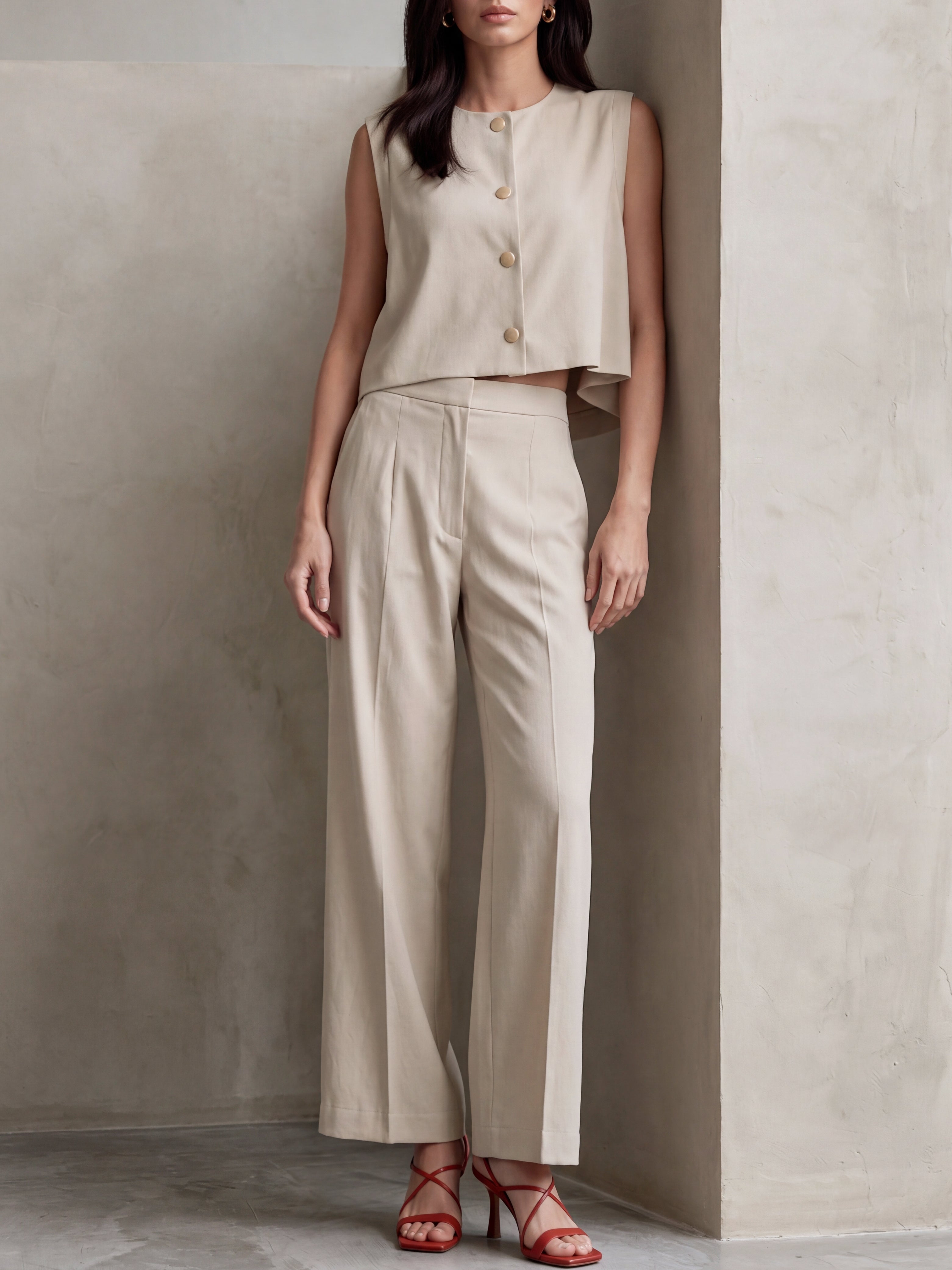 Liserie Beige Linen Vest & Wide Leg Pants Set