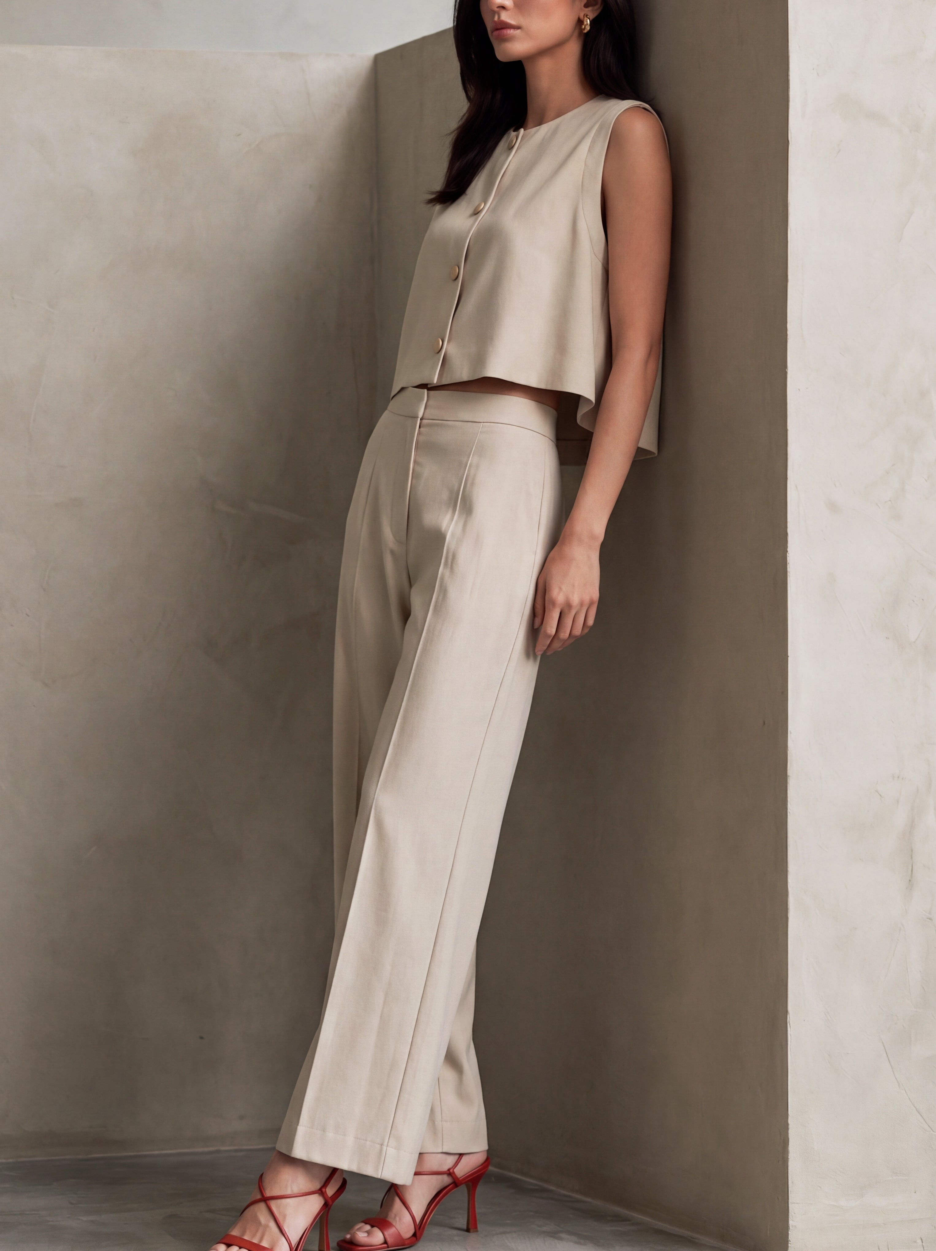Liserie Beige Linen Vest & Wide Leg Pants Set