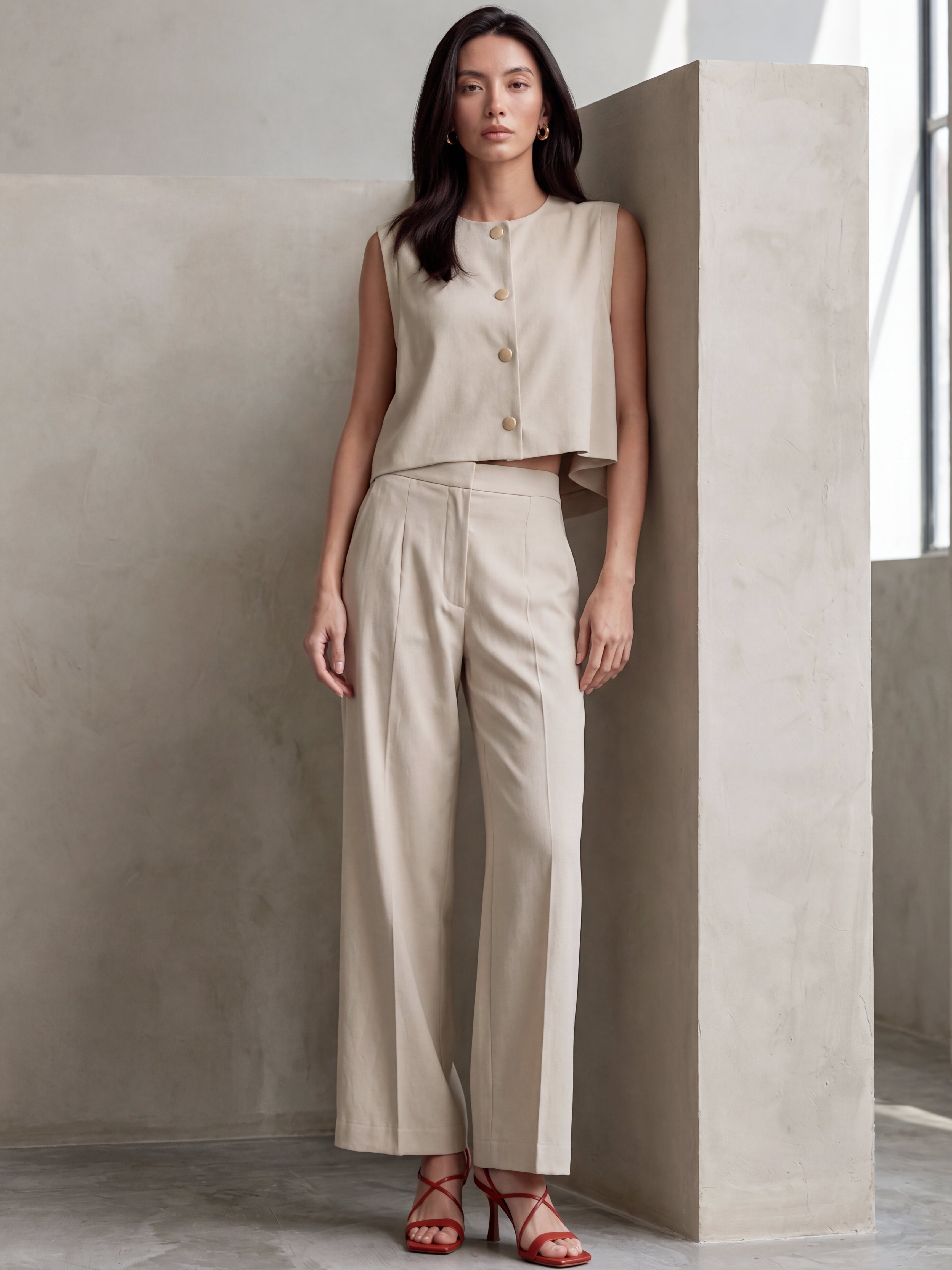 Liserie Beige Linen Vest & Wide Leg Pants Set