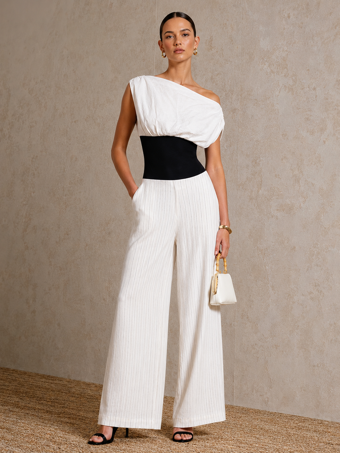 Liserie MONOCHROME DRAPE Asymmetrical One-Shoulder Neckline JUMPSUIT