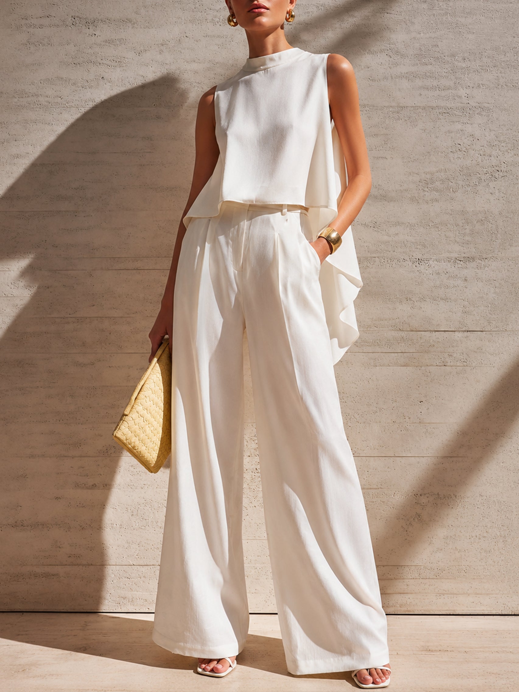 Liserie Elegant White Capelet Top & Trousers Set