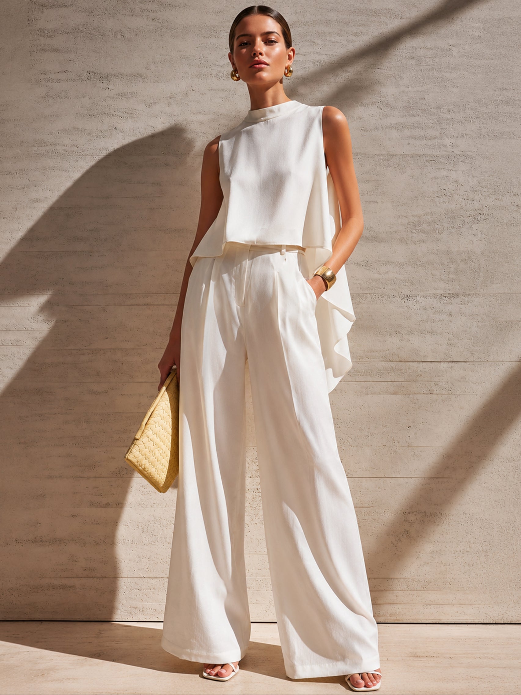 Liserie Elegant White Capelet Top & Trousers Set