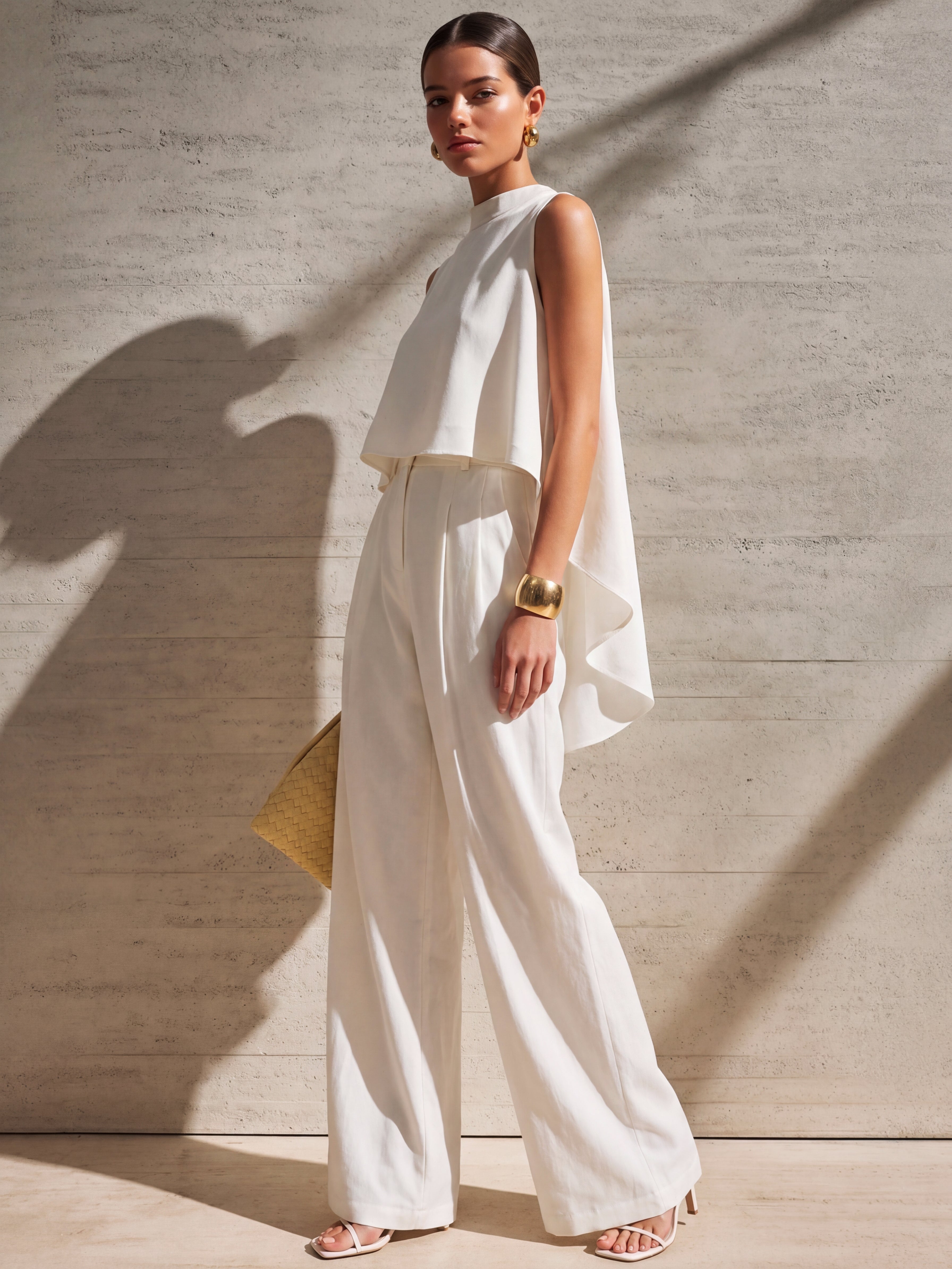 Liserie Elegant White Capelet Top & Trousers Set
