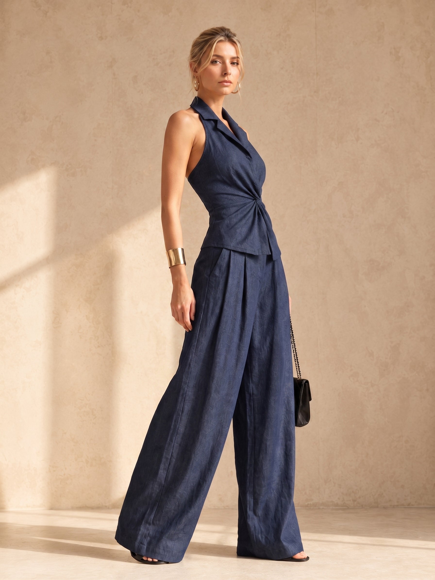 Liserie Midnight Sculpted Twist Waist Drape Halter Set