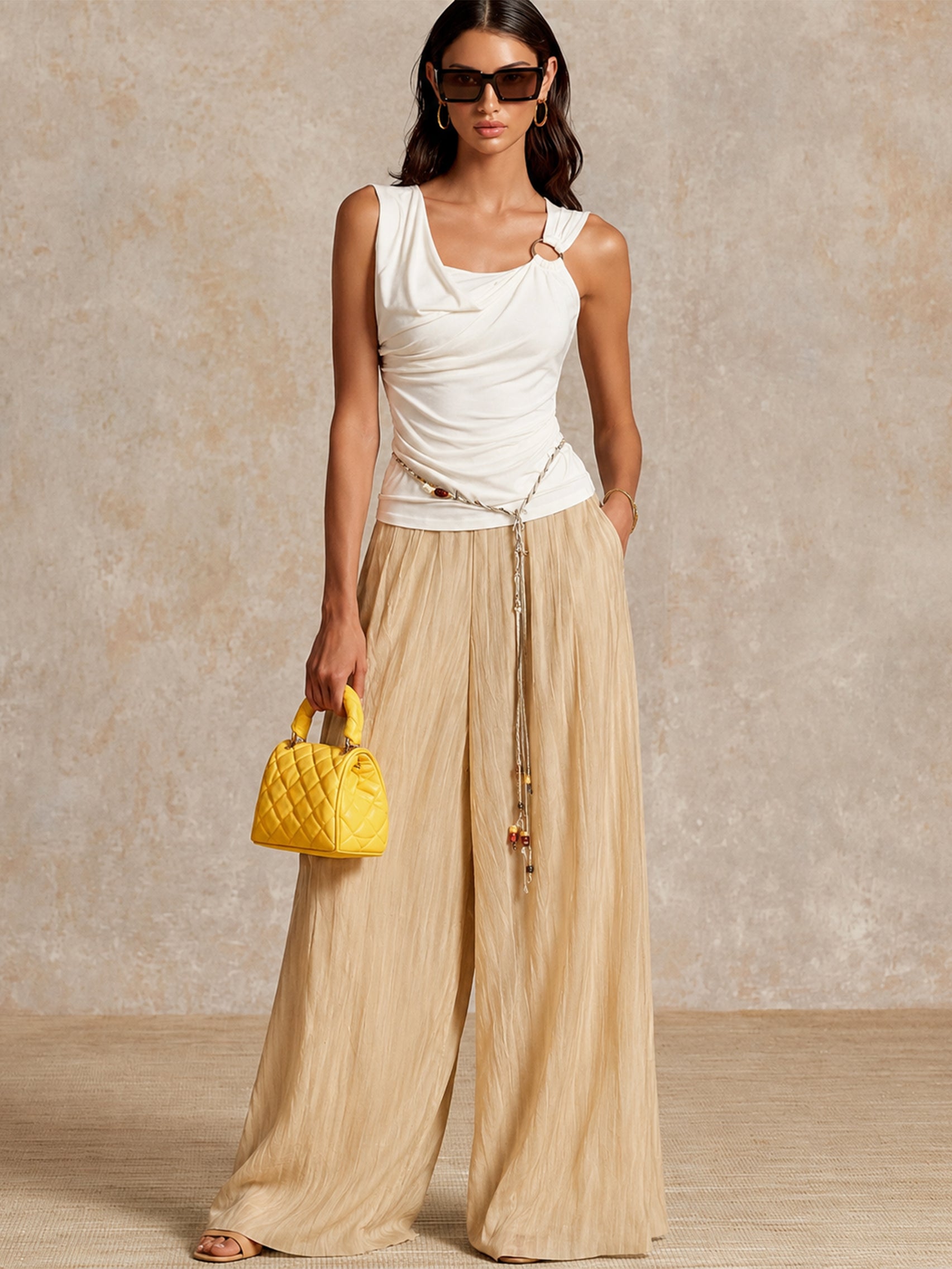 Liserie Sleeveless Top & High-Waisted Wide Leg Trousers Set