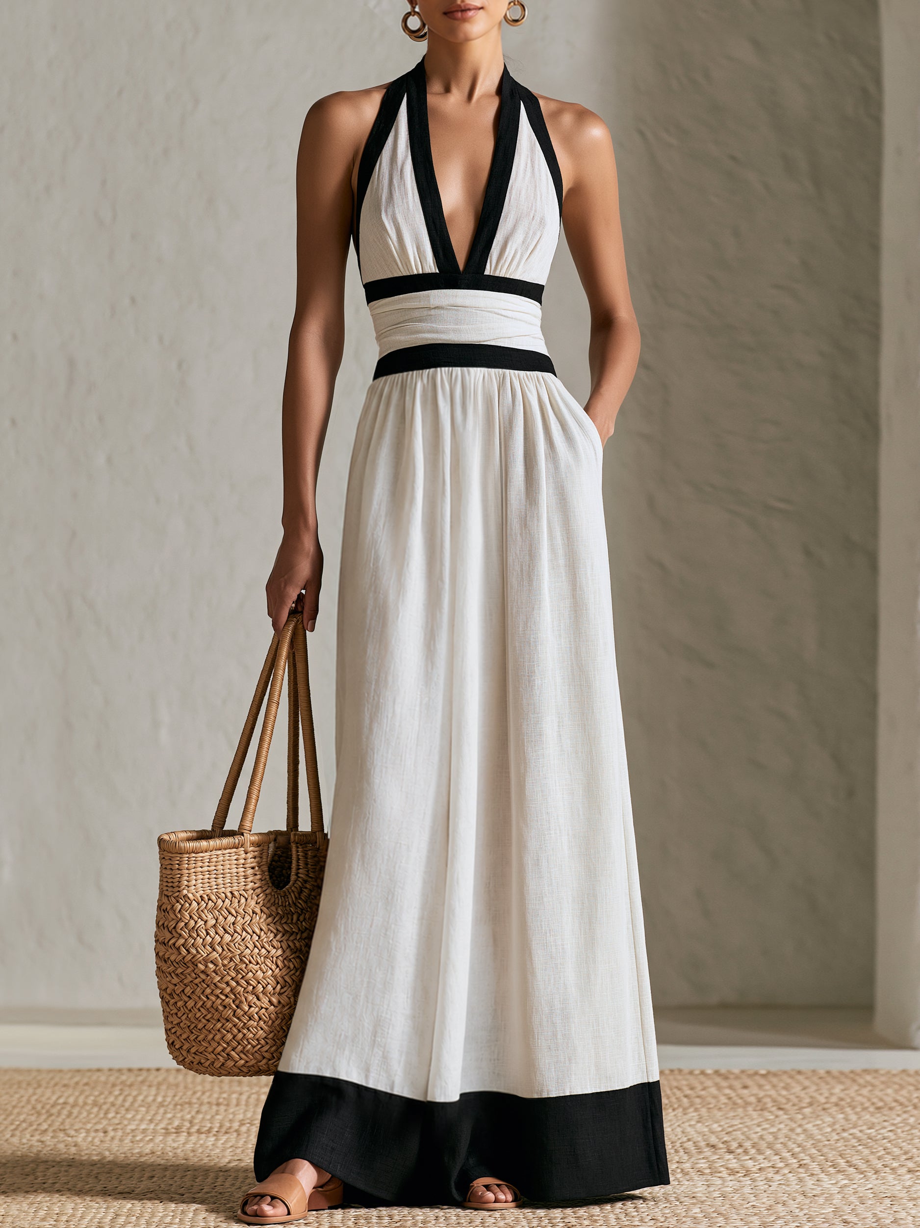 Liserie Linen Elegant Black & White Halter V Neck Maxi Dress