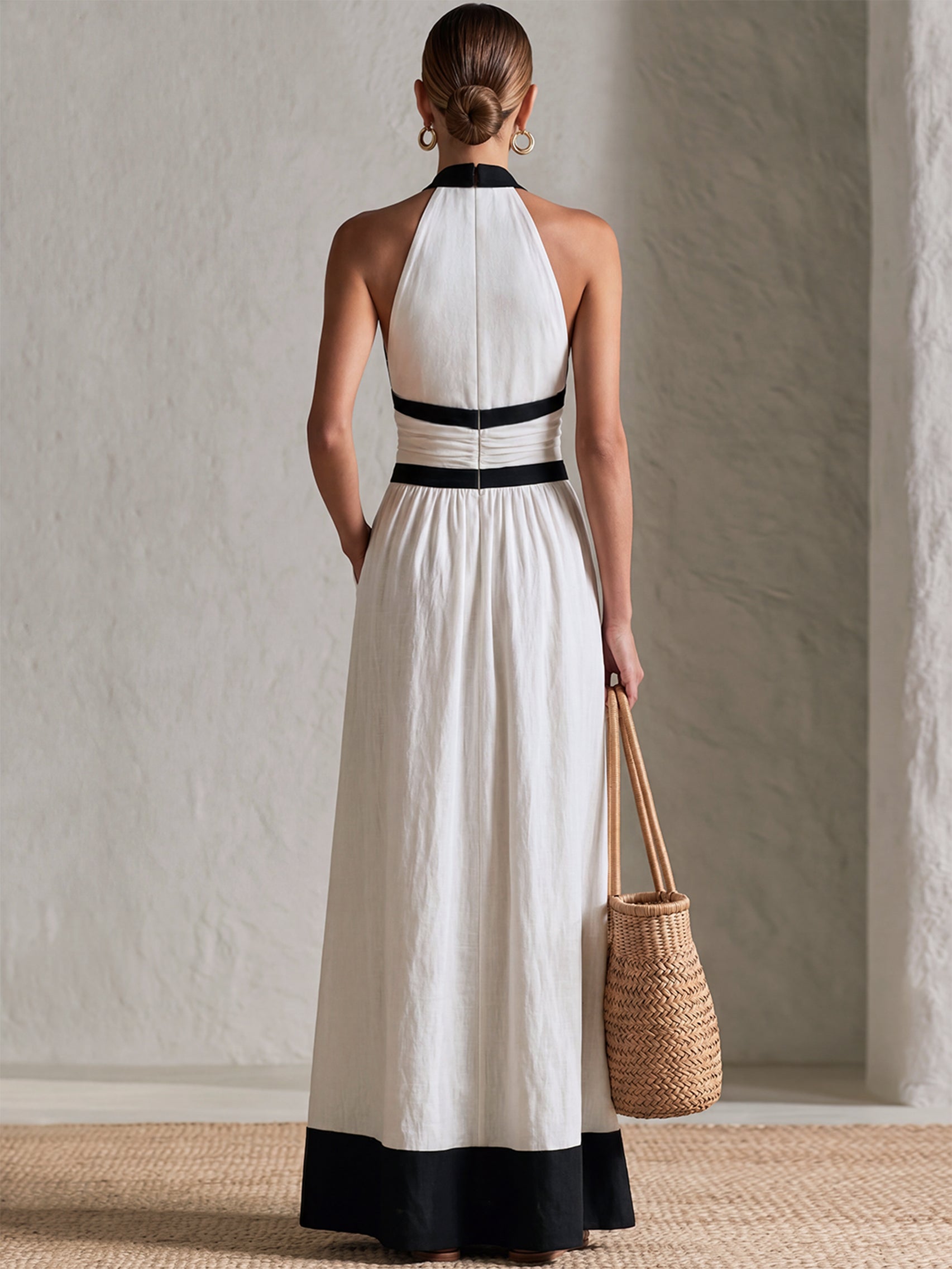 Liserie Linen Elegant Black & White Halter V Neck Maxi Dress