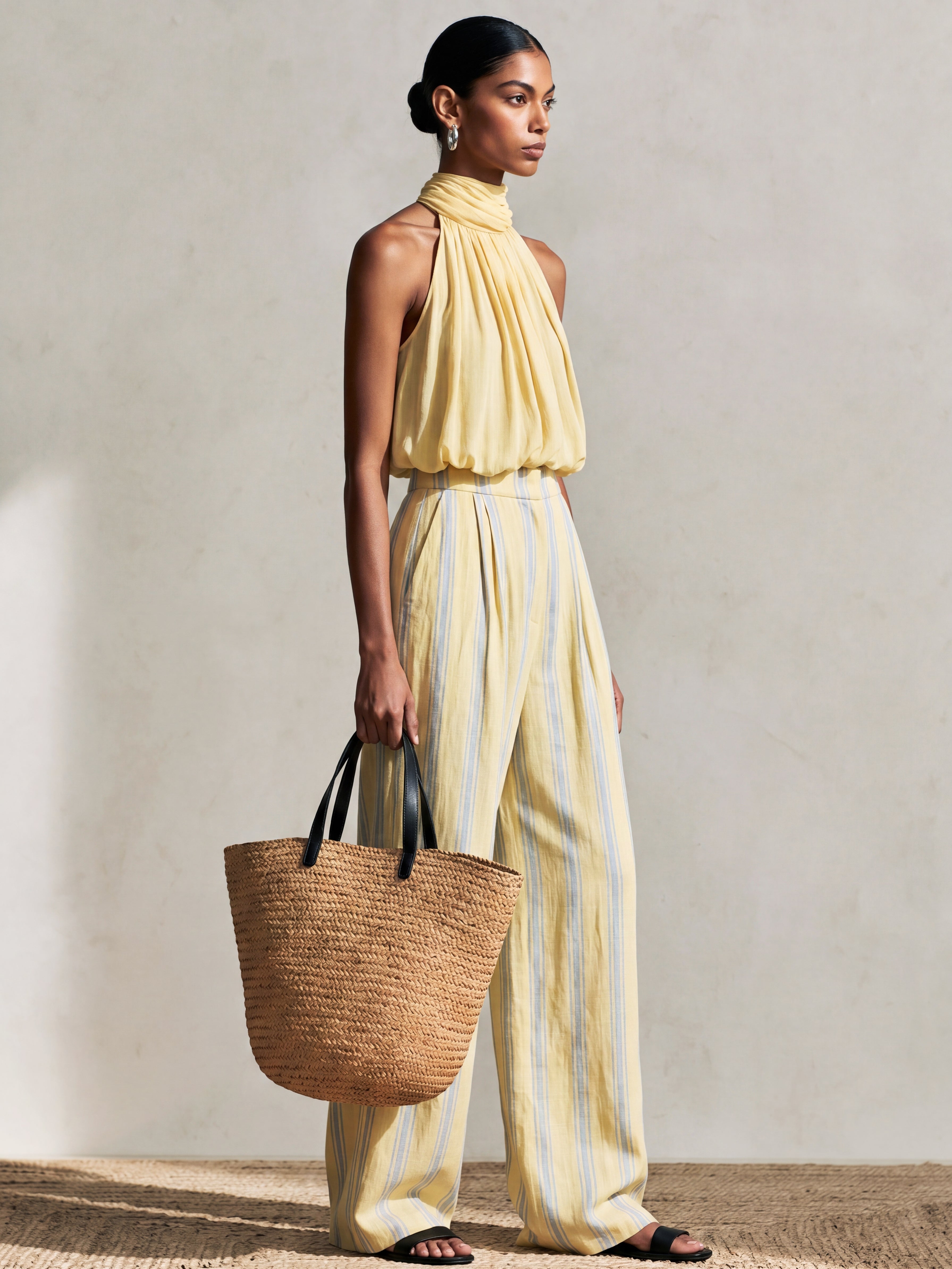 Liserie Pastel Yellow Halter Top & Striped Trousers Set