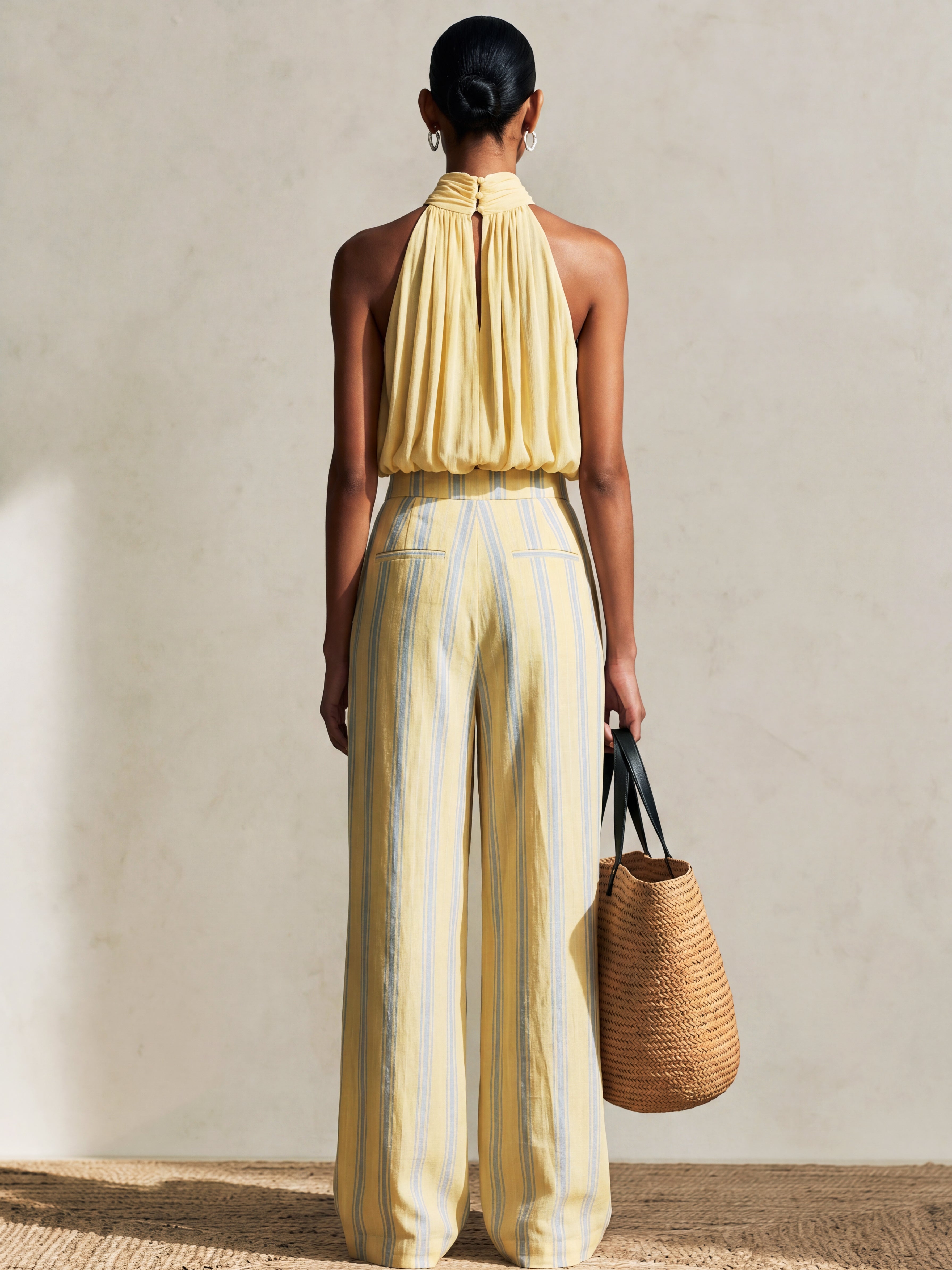 Liserie Pastel Yellow Halter Top & Striped Trousers Set