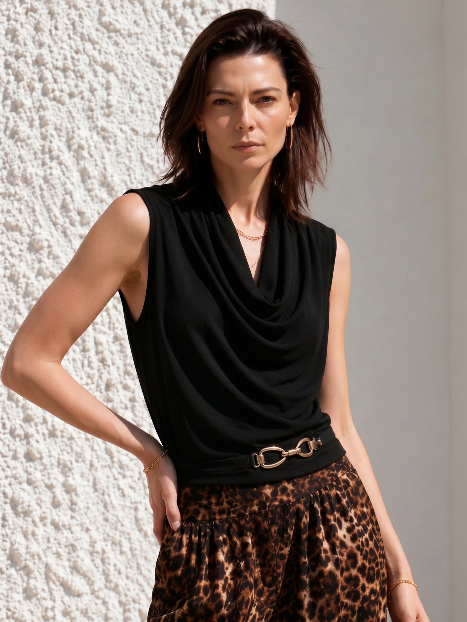 Liserie Draped-Neck Top With Metal Buckle Detail