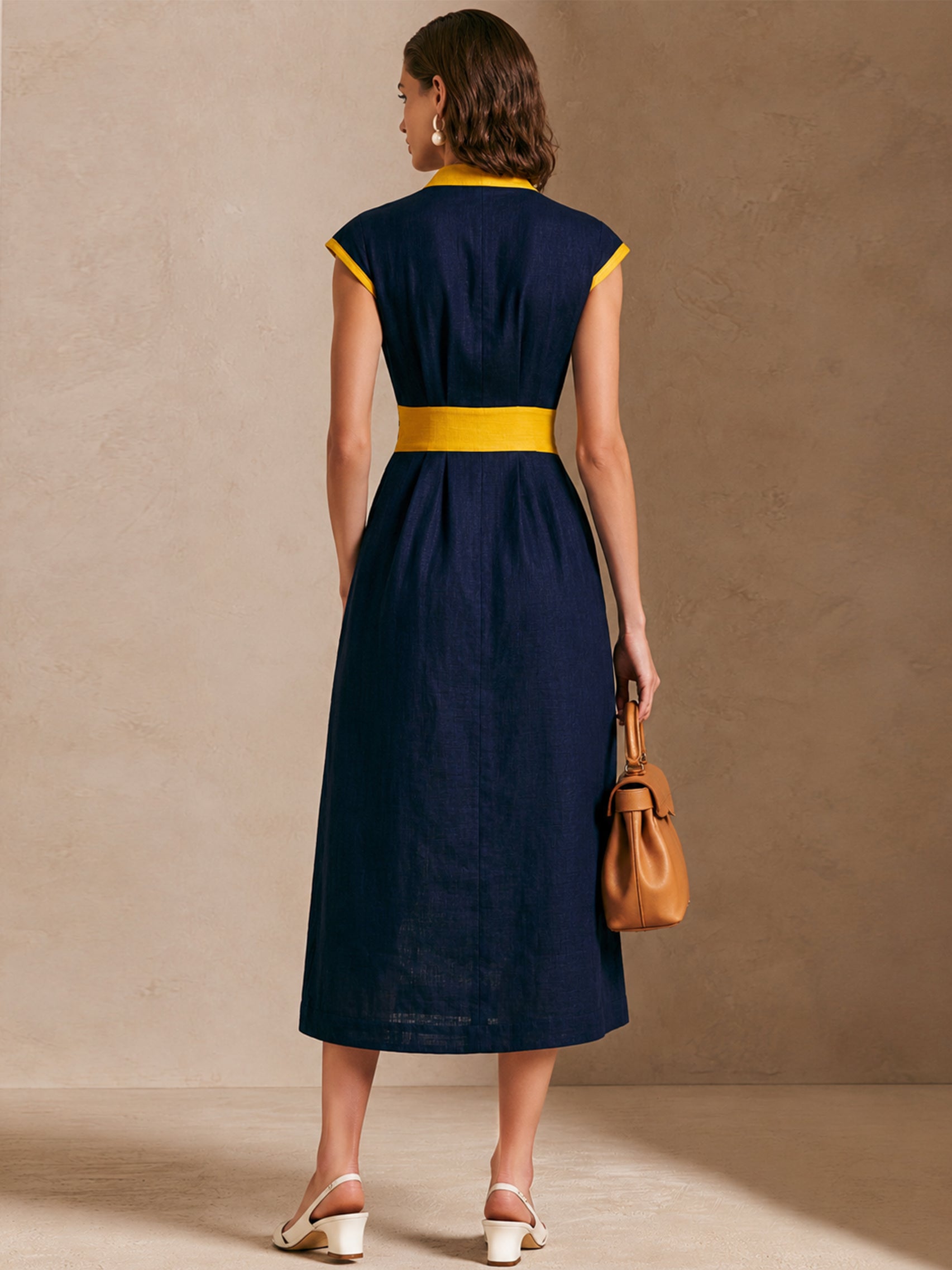 Liserie Linen Navy & Yellow Trim Midi Dress