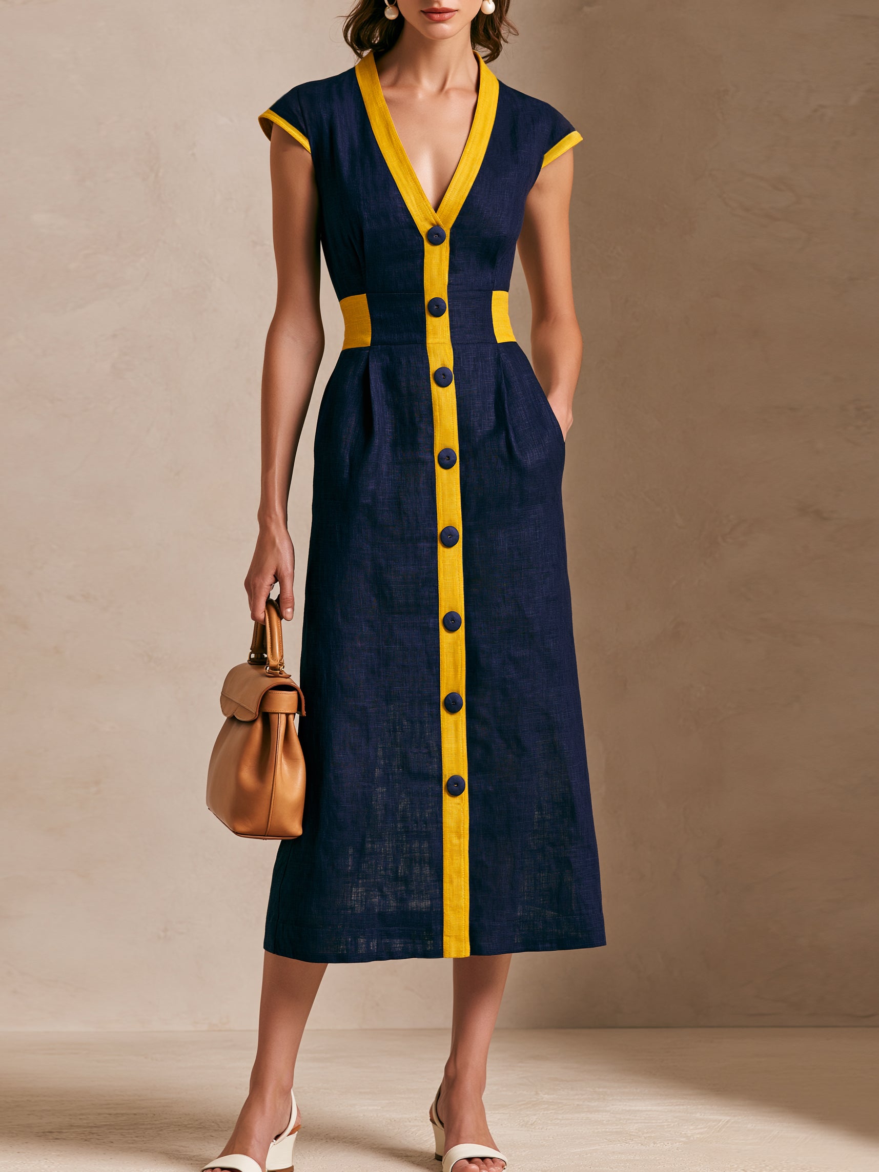 Liserie Linen Navy & Yellow Trim Midi Dress
