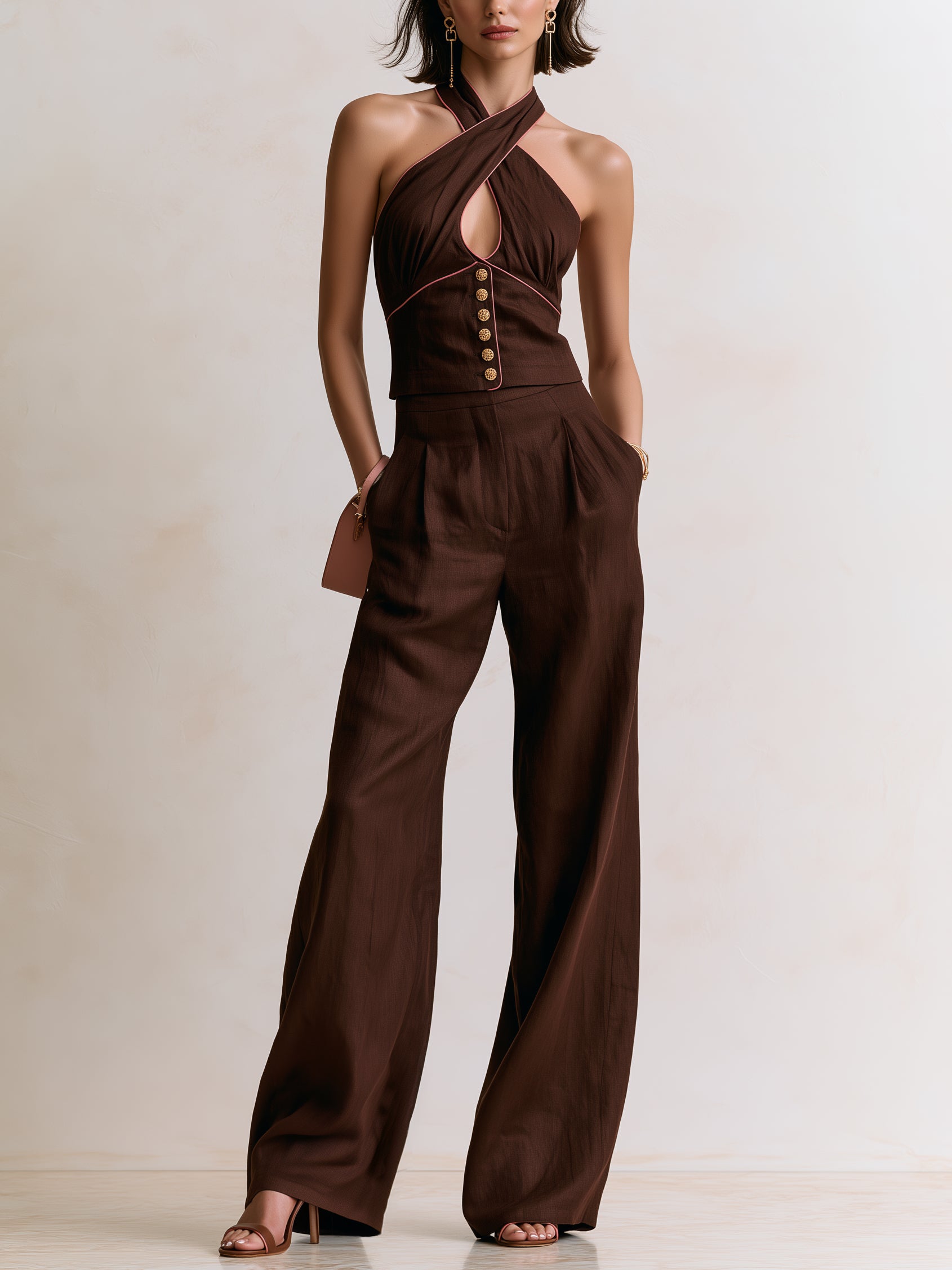 Liserie Cotton-Linen Crossover Halter Set