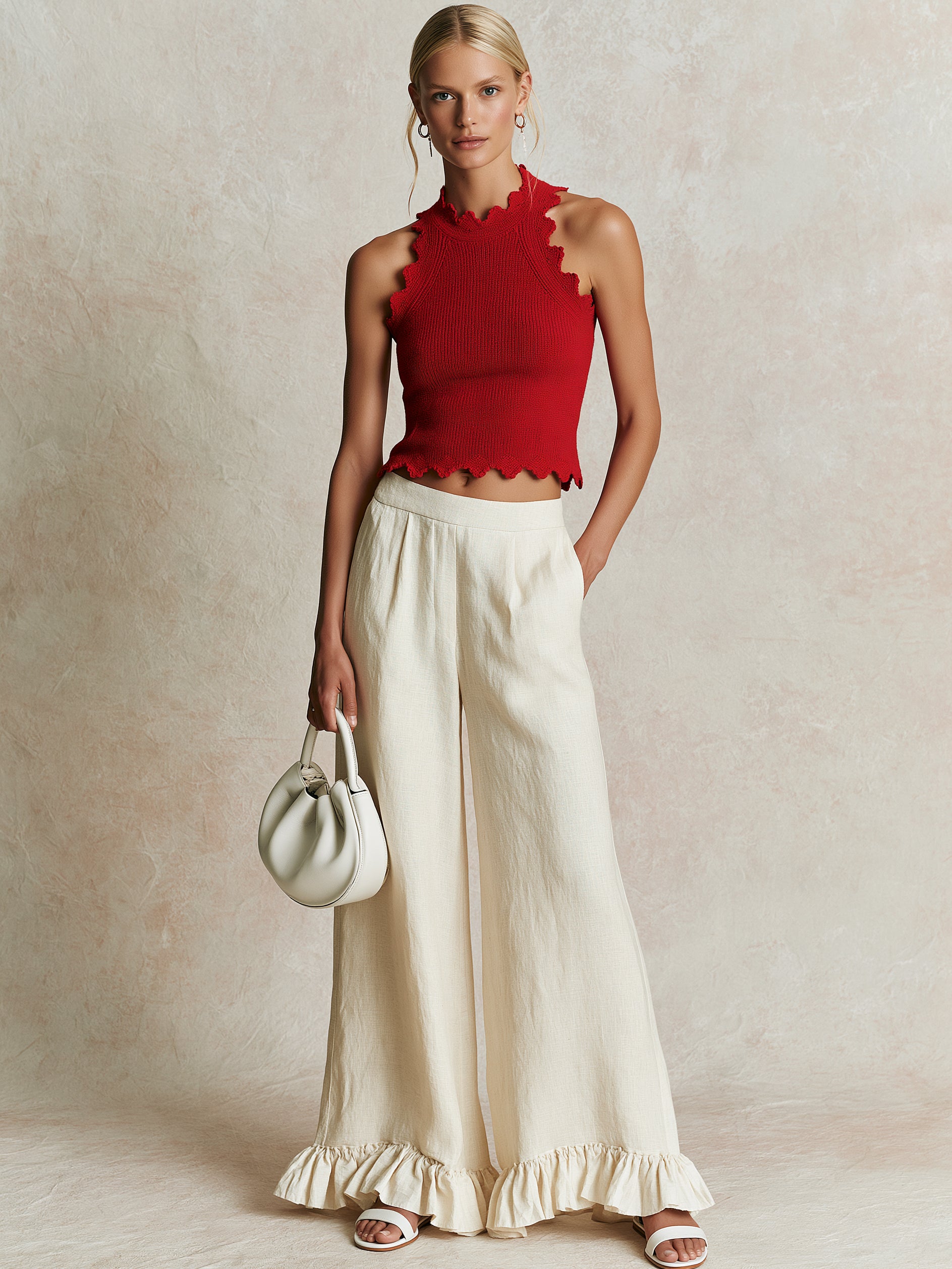 Liserie Red Knit Halter Top & Linen Ruffle Hem Pants Set