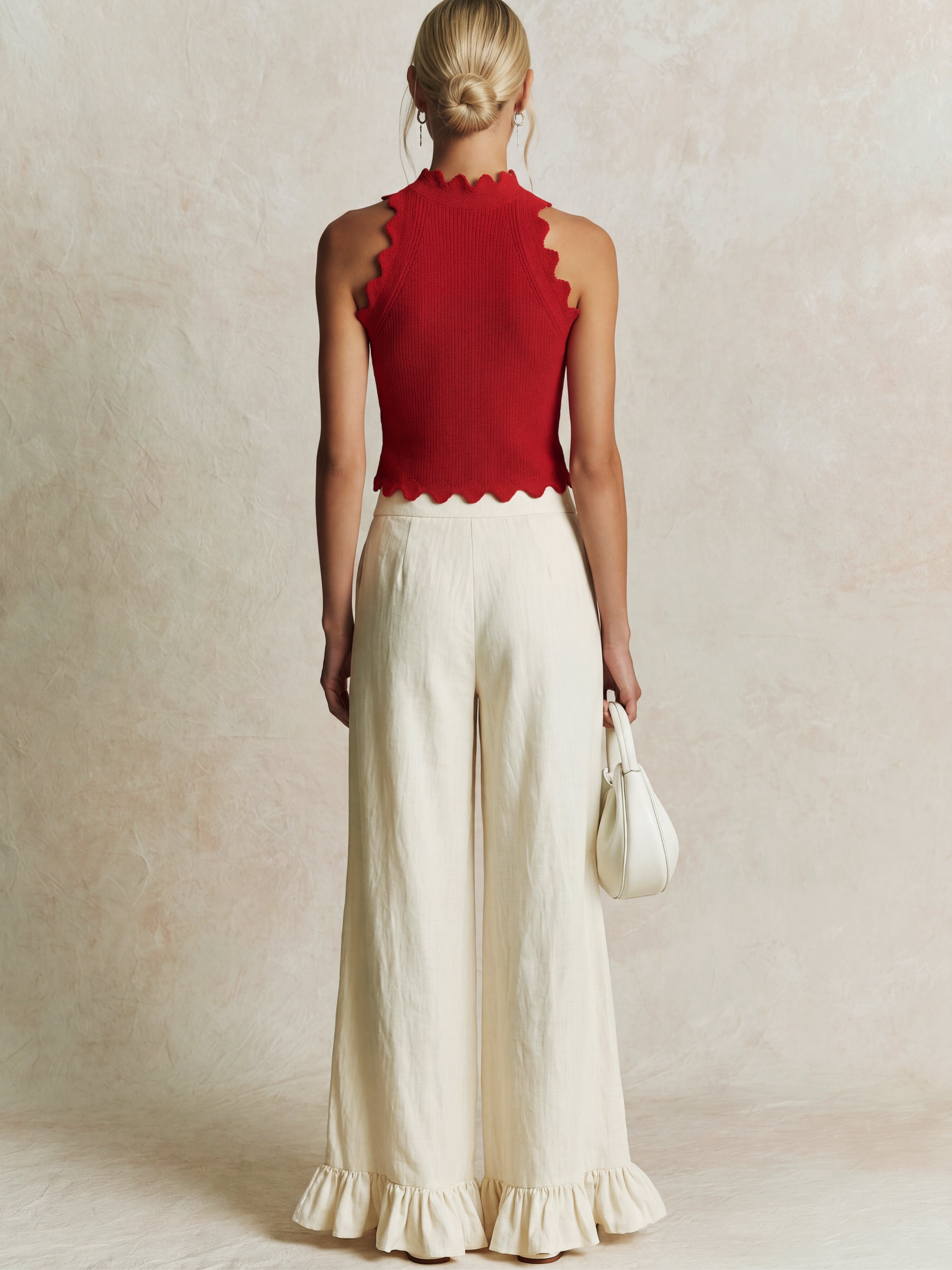 Liserie Red Knit Halter Top & Linen Ruffle Hem Pants Set
