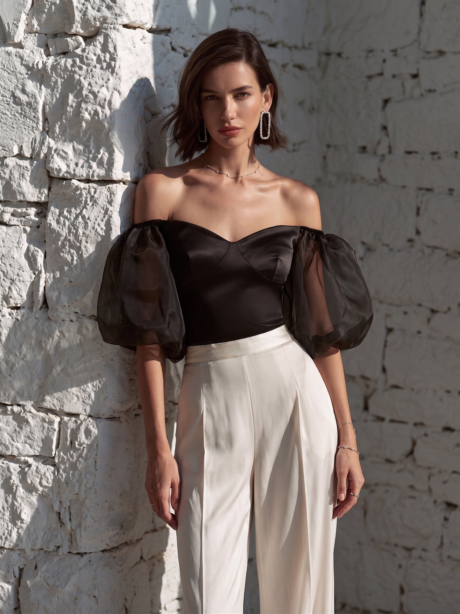 Liserie Noir Satin Organza Puff Sleeve Top
