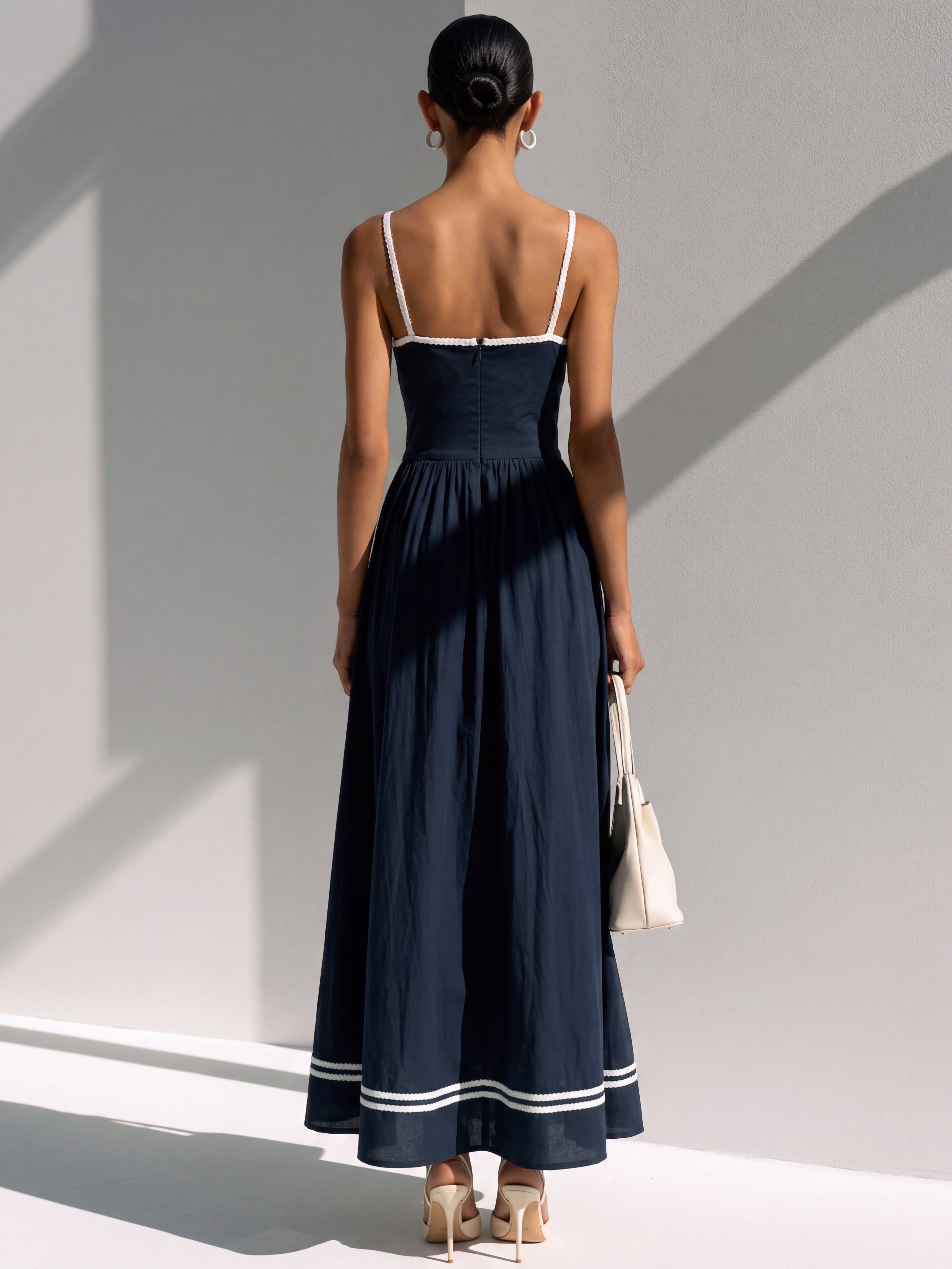 Liserie Cotton Navy Maxi Dress With Contrast Trim