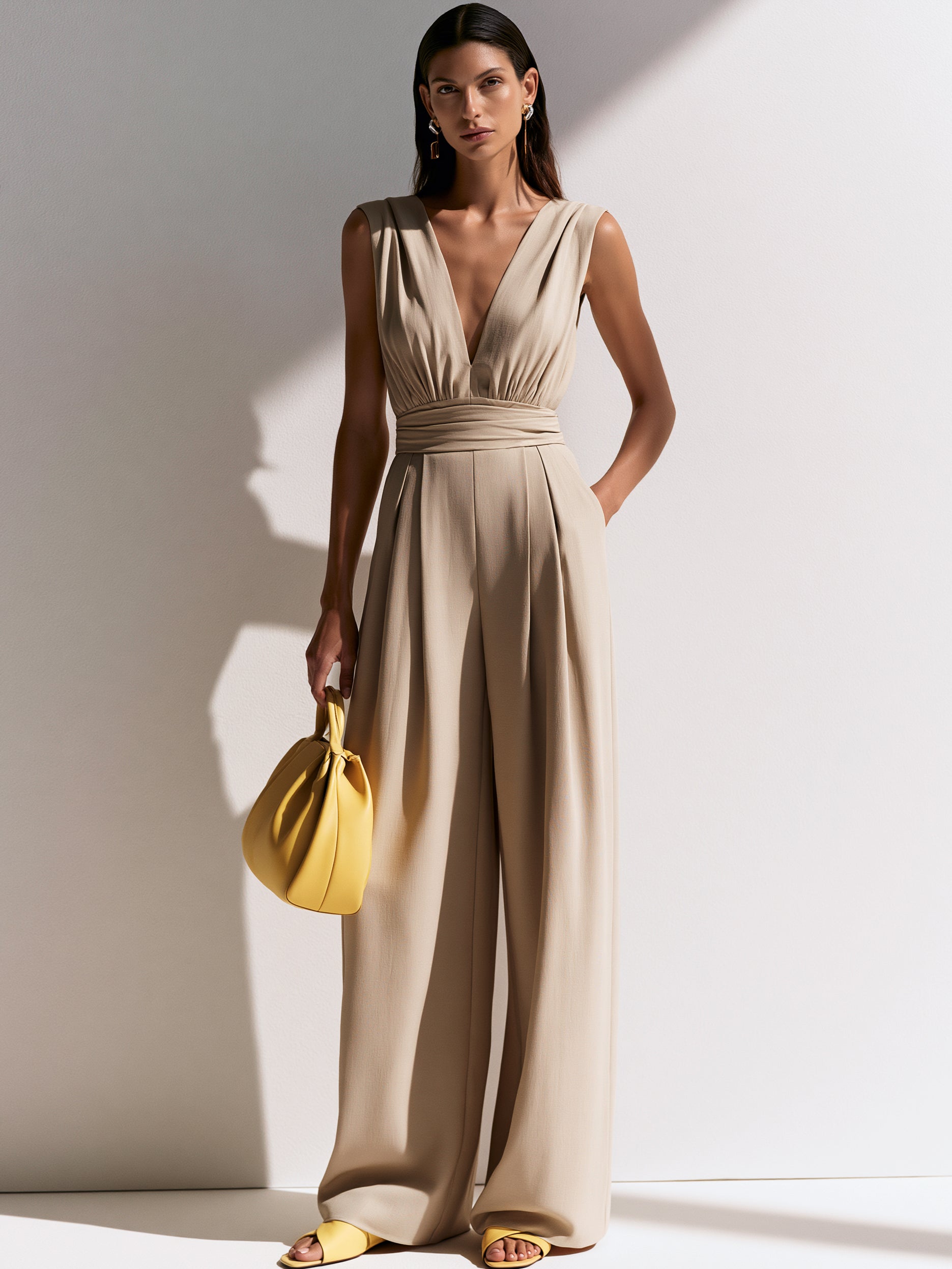 Liserie Beige V-Neck Sleeveless Jumpsuit