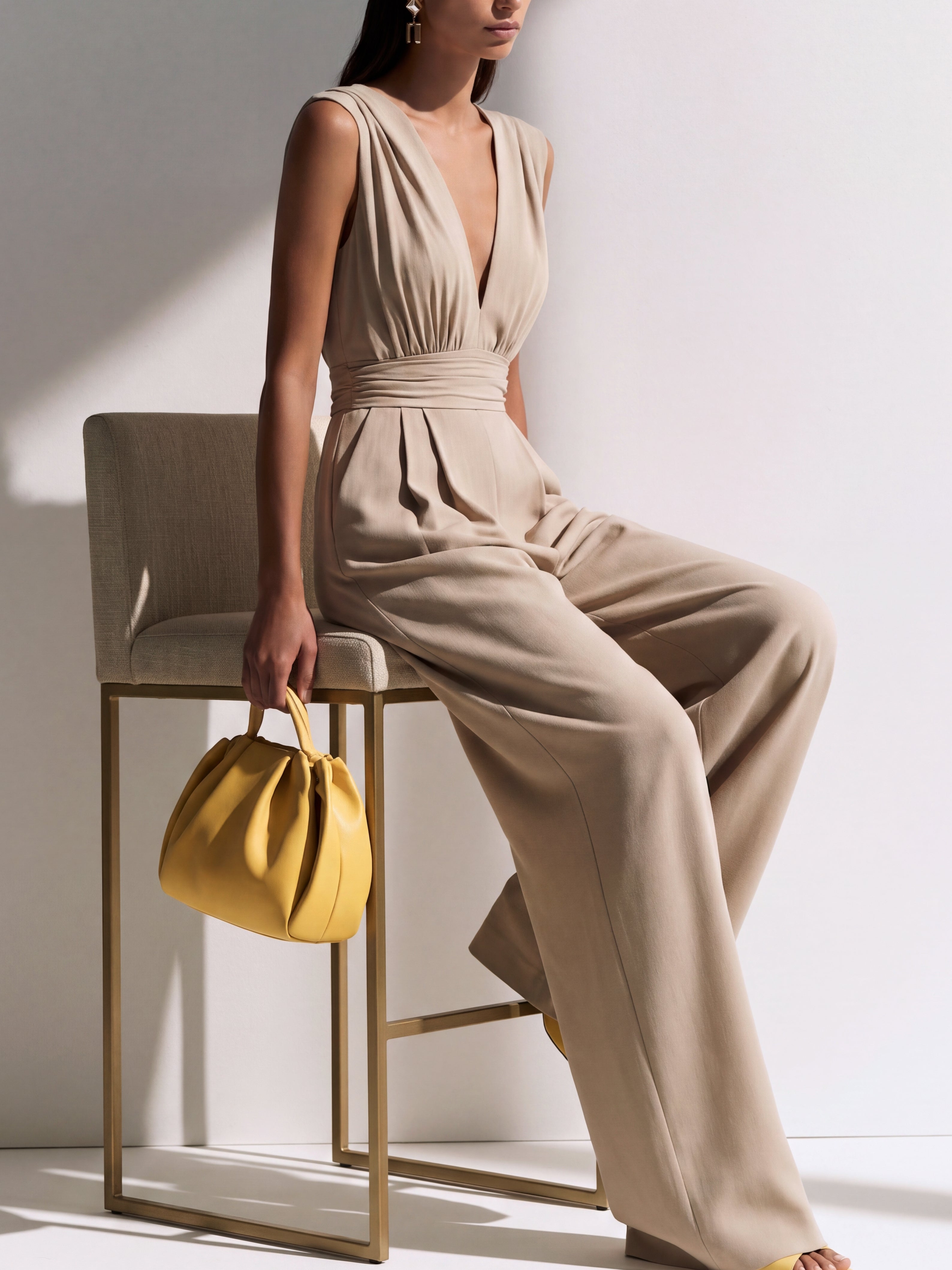 Liserie Beige V-Neck Sleeveless Jumpsuit