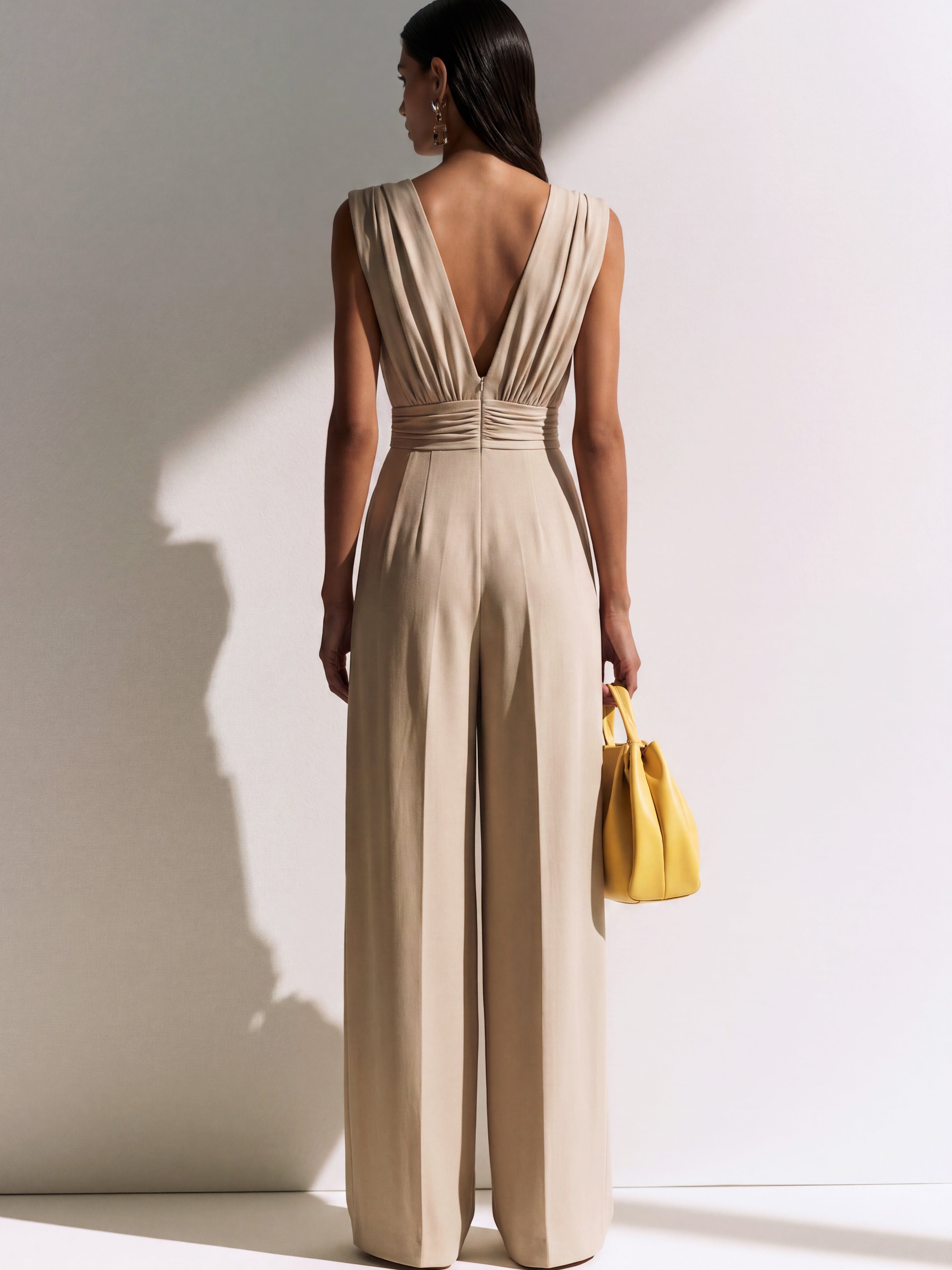 Liserie Beige V-Neck Sleeveless Jumpsuit