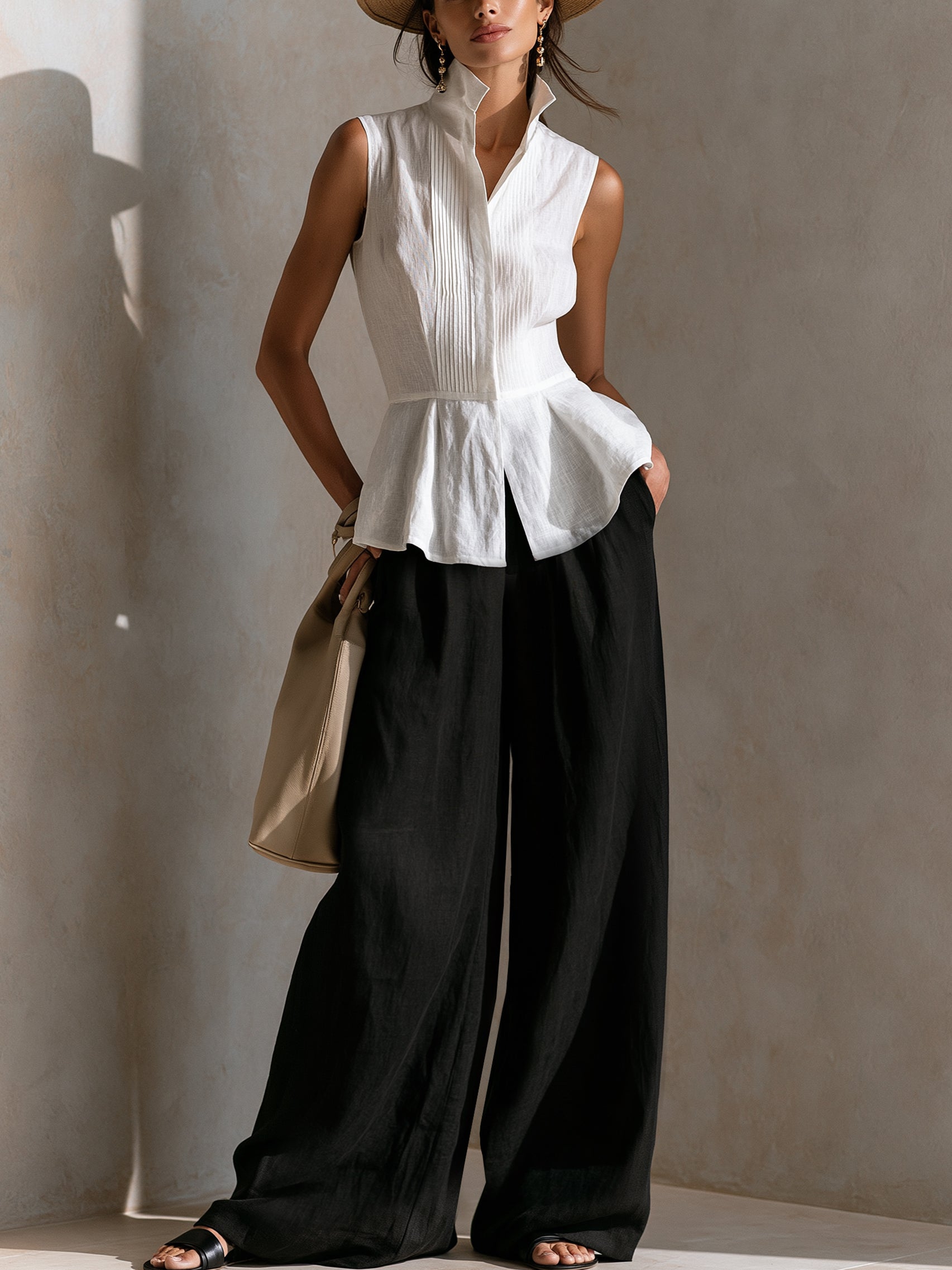 Liserie Linen Pleated Peplum Sleeveless Blouse & Trousers Set