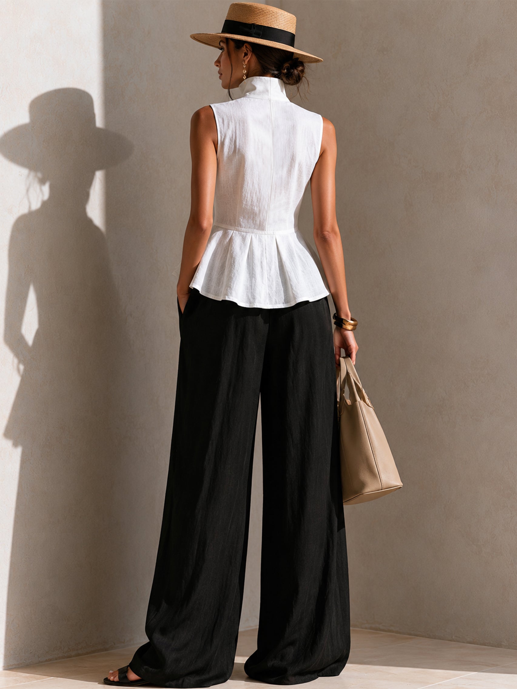 Liserie Linen Pleated Peplum Sleeveless Blouse & Trousers Set