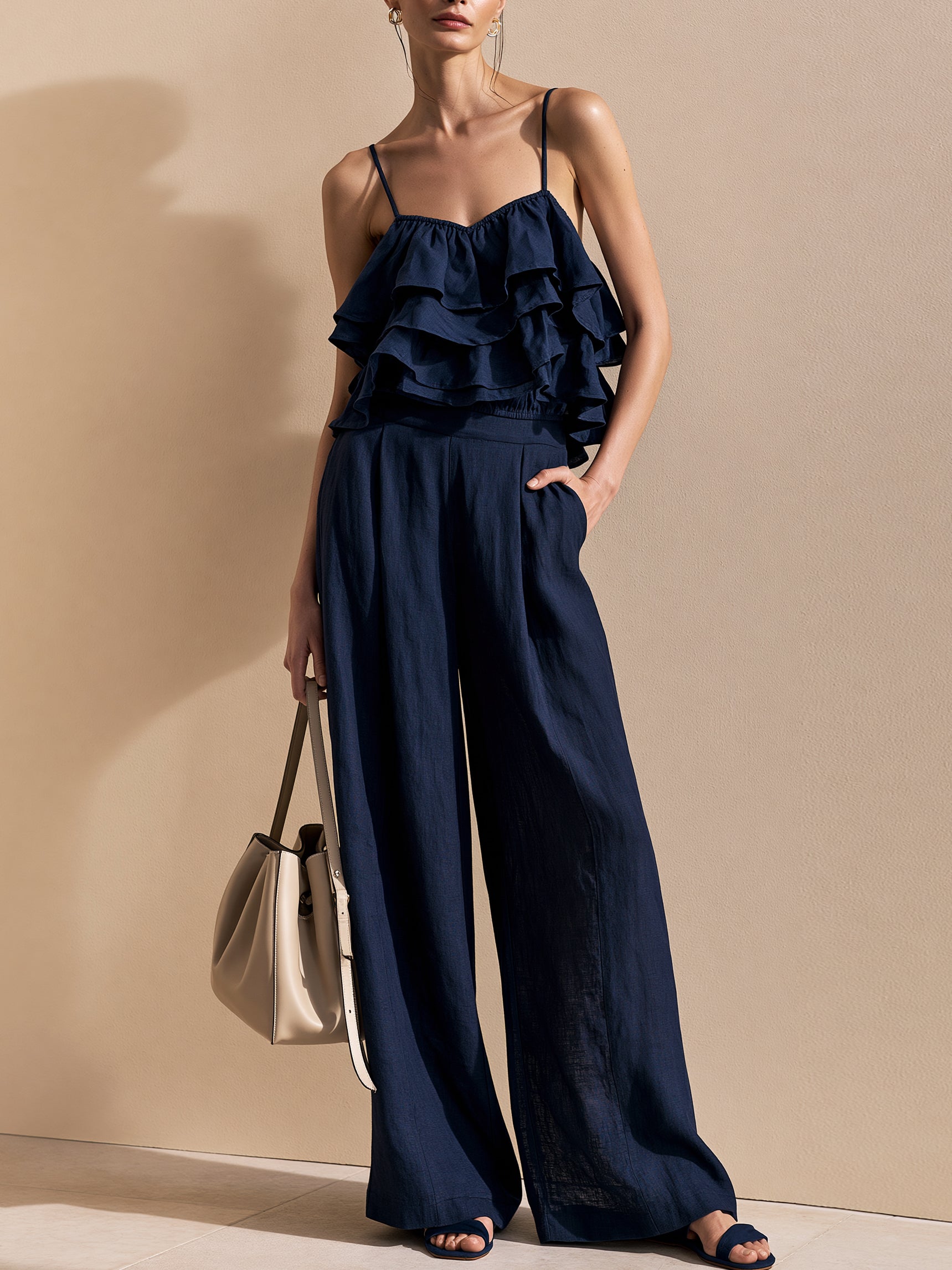 Liserie Linen Navy Ruffle Top & Wide-Leg Trousers Set
