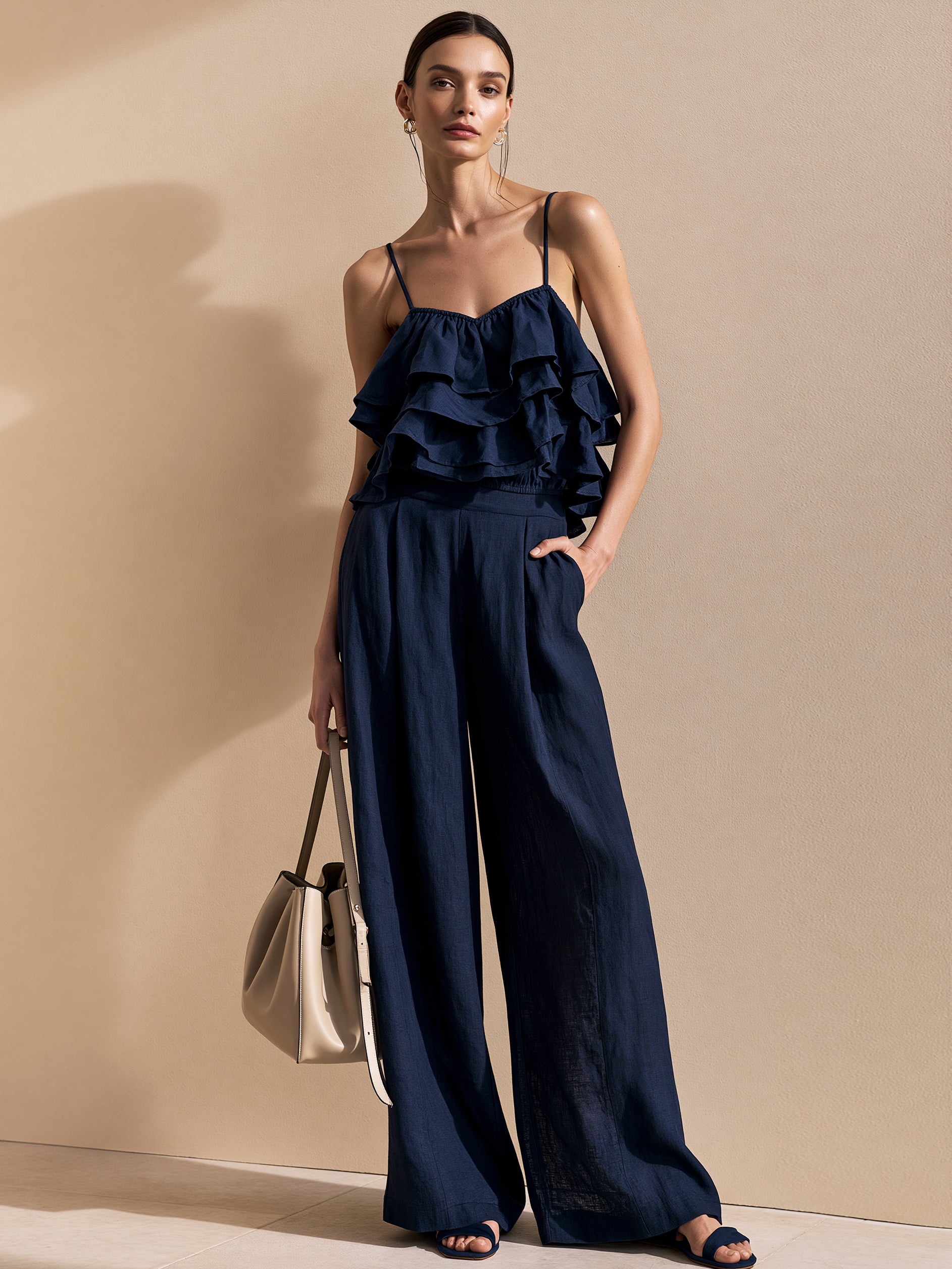 Liserie Linen Navy Ruffle Top & Wide-Leg Trousers Set