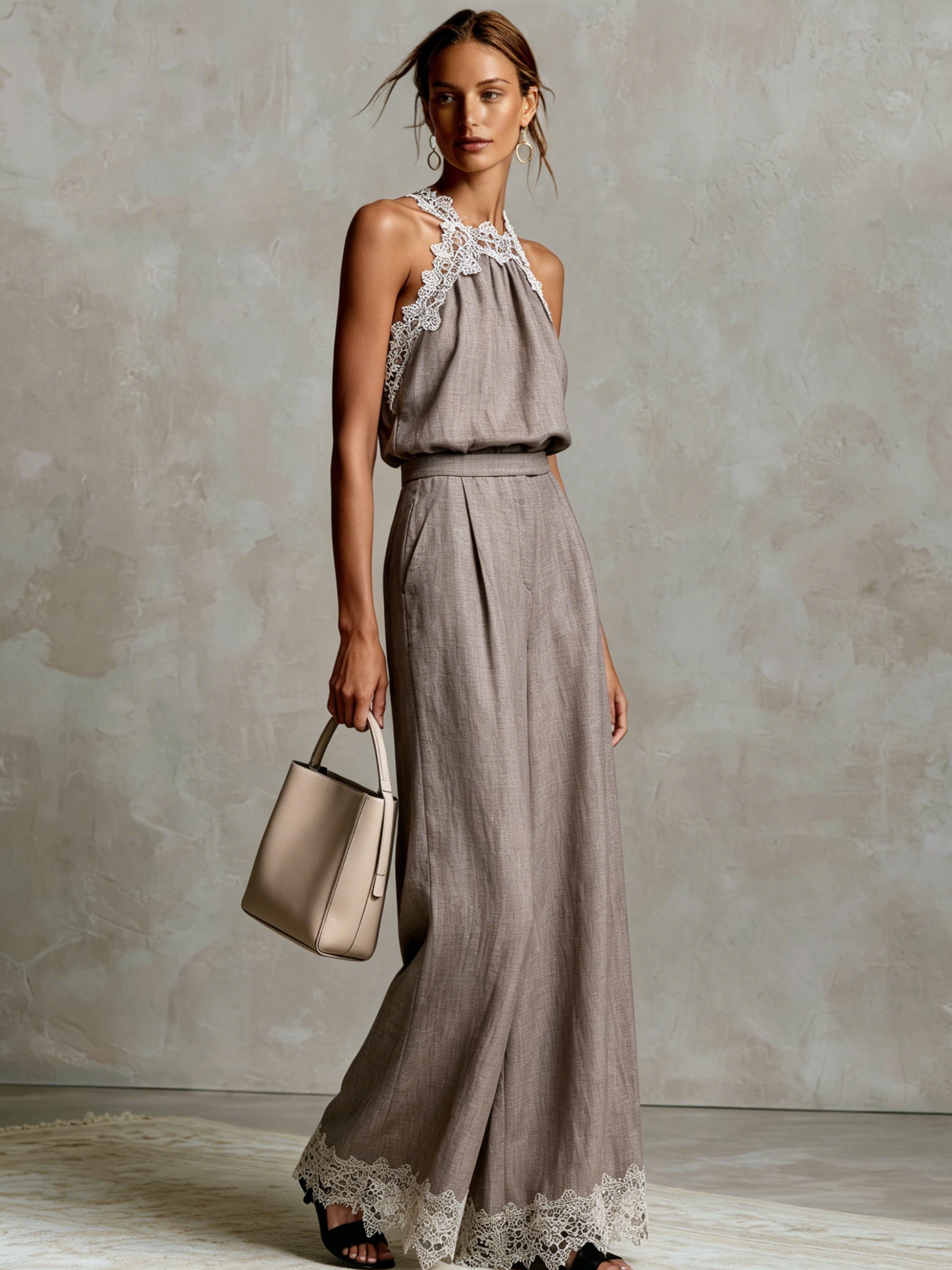 Liserie Linen Halter Neck Lace Trim Top& Wide-Leg Pants Set