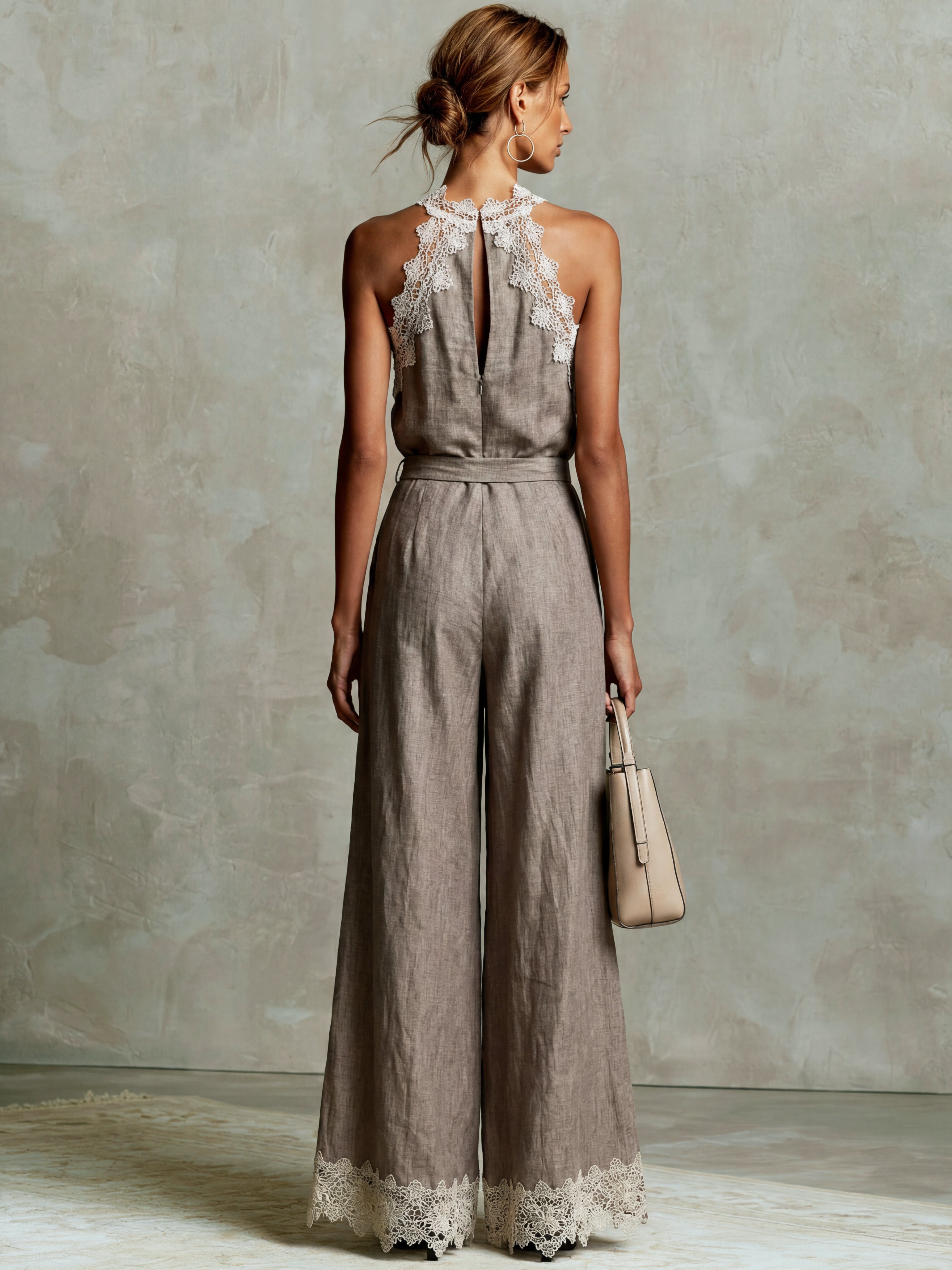 Liserie Linen Halter Neck Lace Trim Top& Wide-Leg Pants Set
