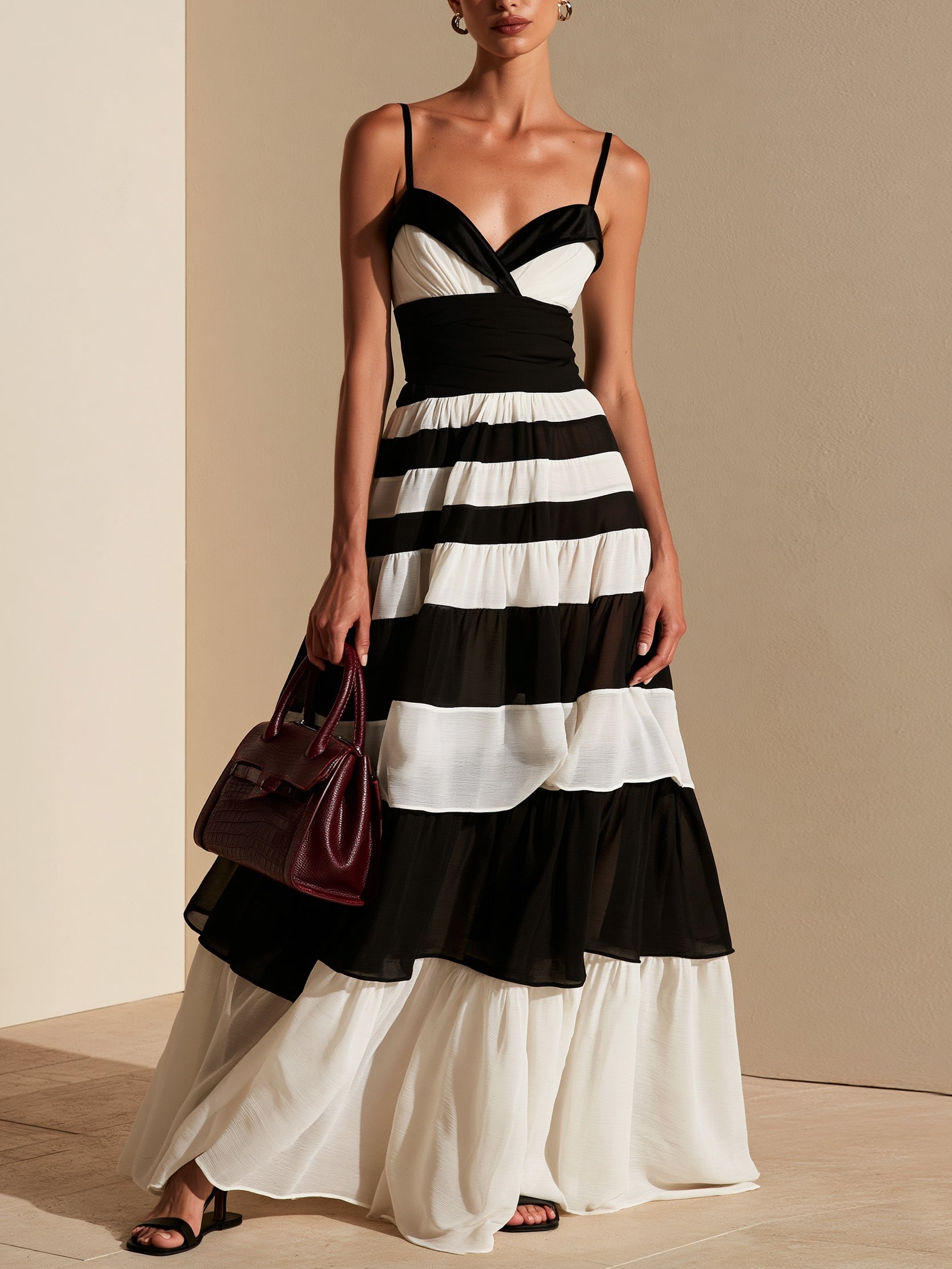 Liserie Elegant Black & White Tiered Maxi Dress