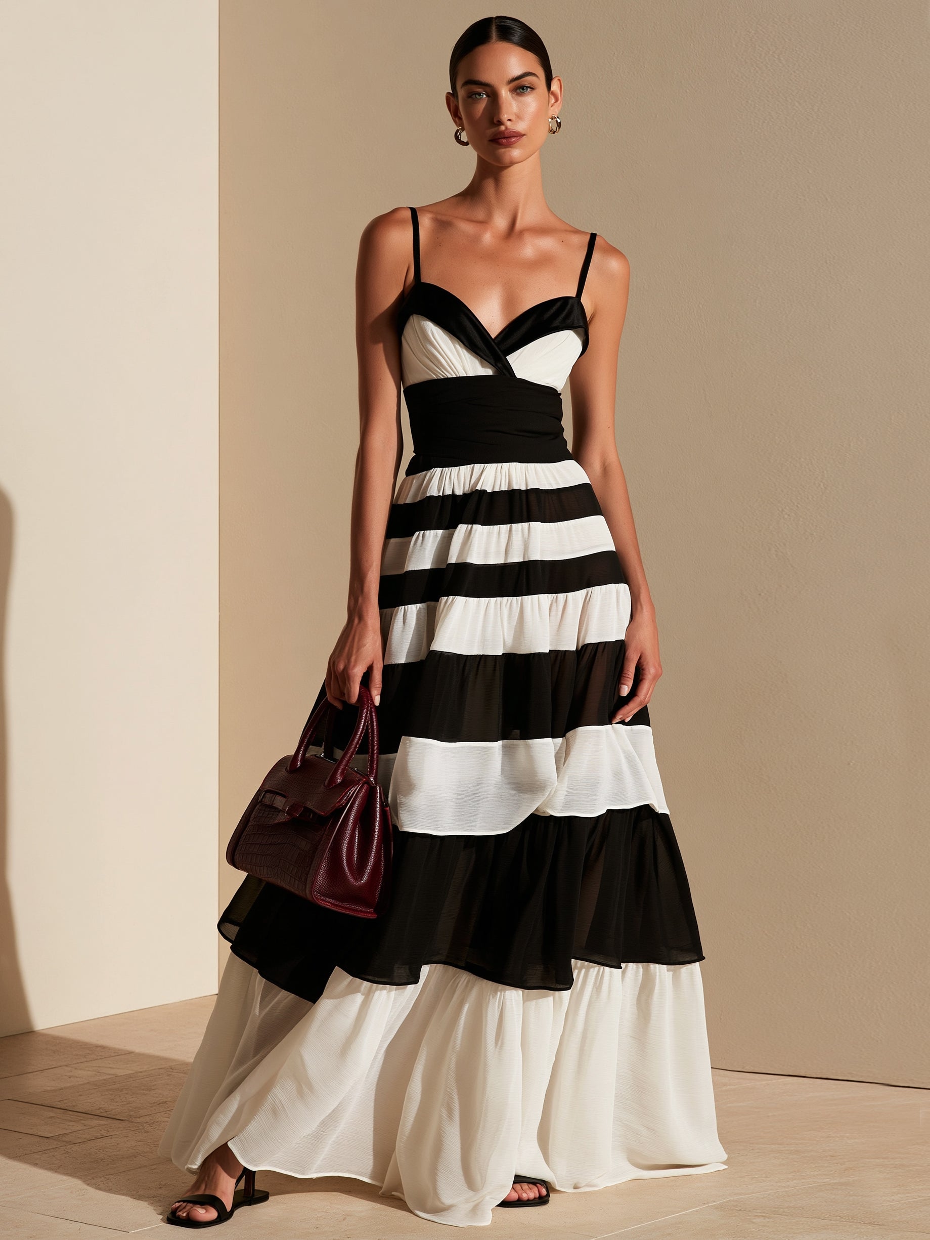 Liserie Elegant Black & White Tiered Maxi Dress