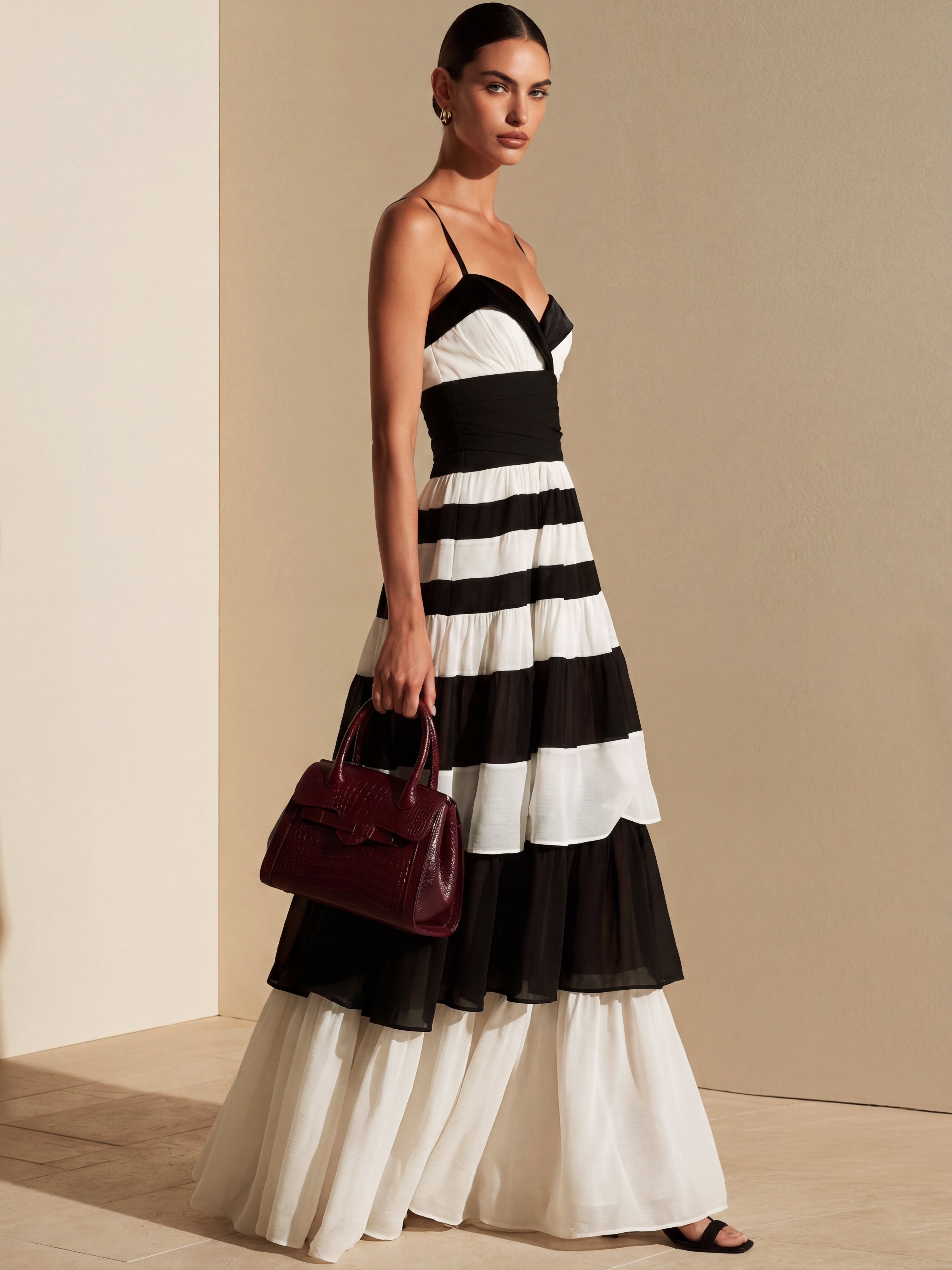 Liserie Elegant Black & White Tiered Maxi Dress