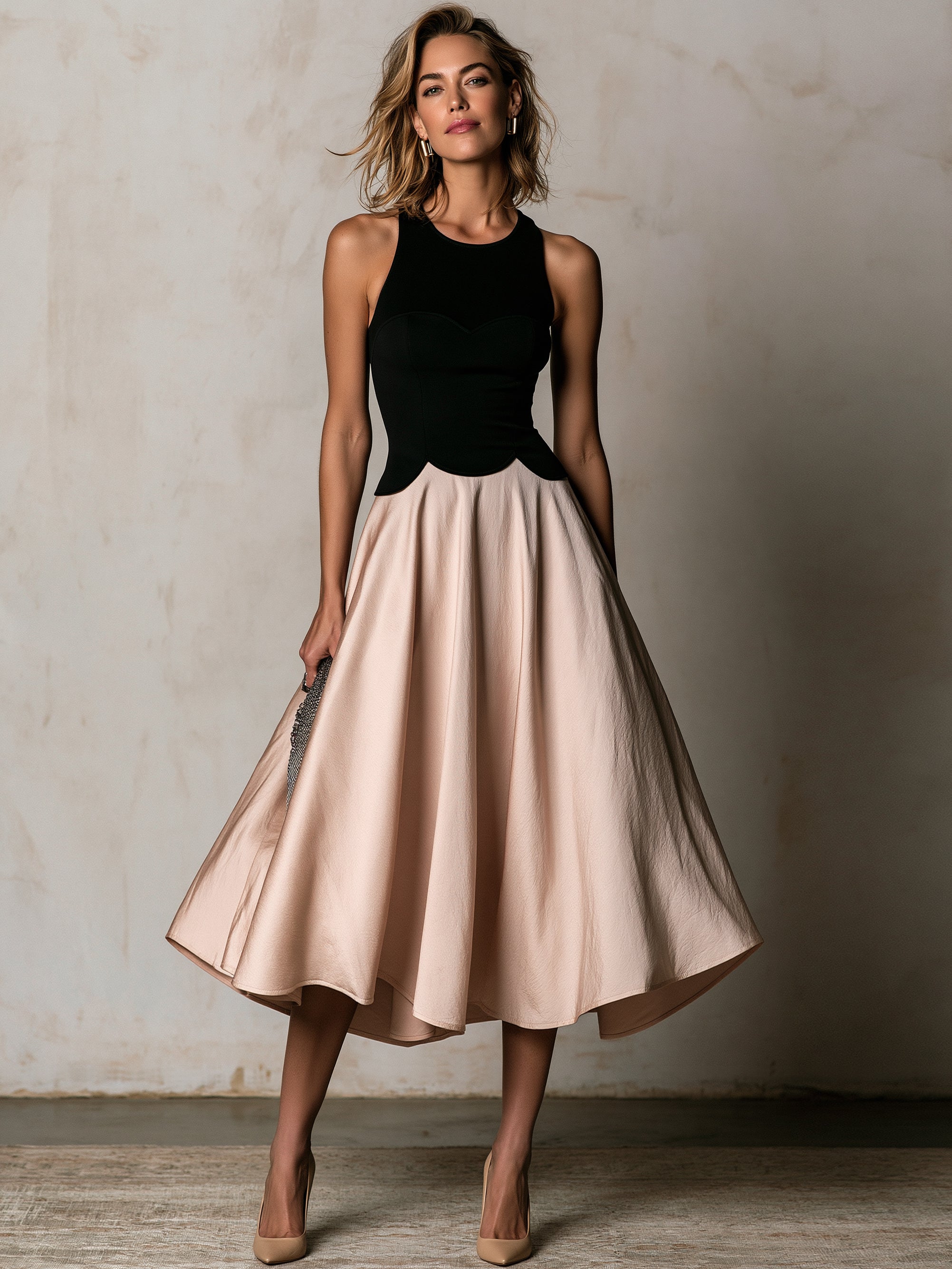 Liserie Elegant Color-Block Flare Midi Dress