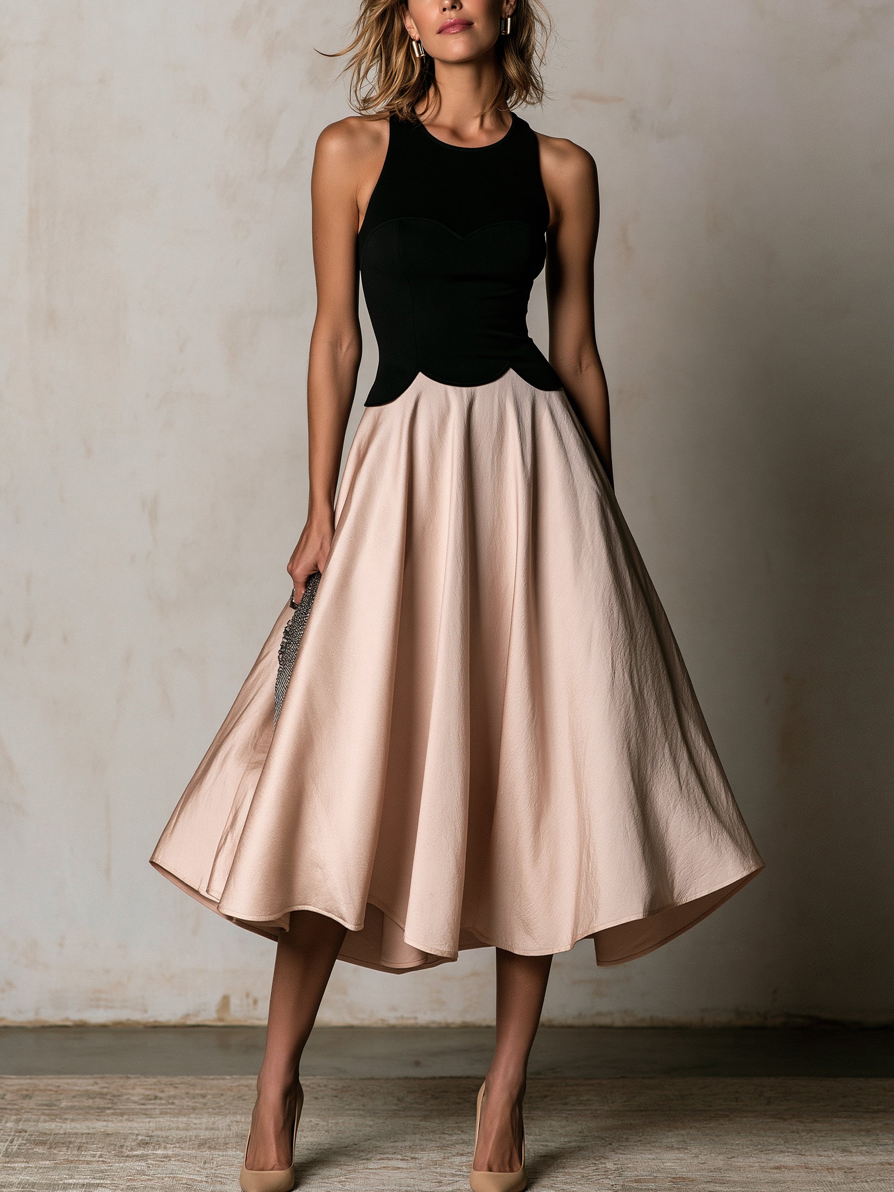 Liserie Elegant Color-Block Flare Midi Dress