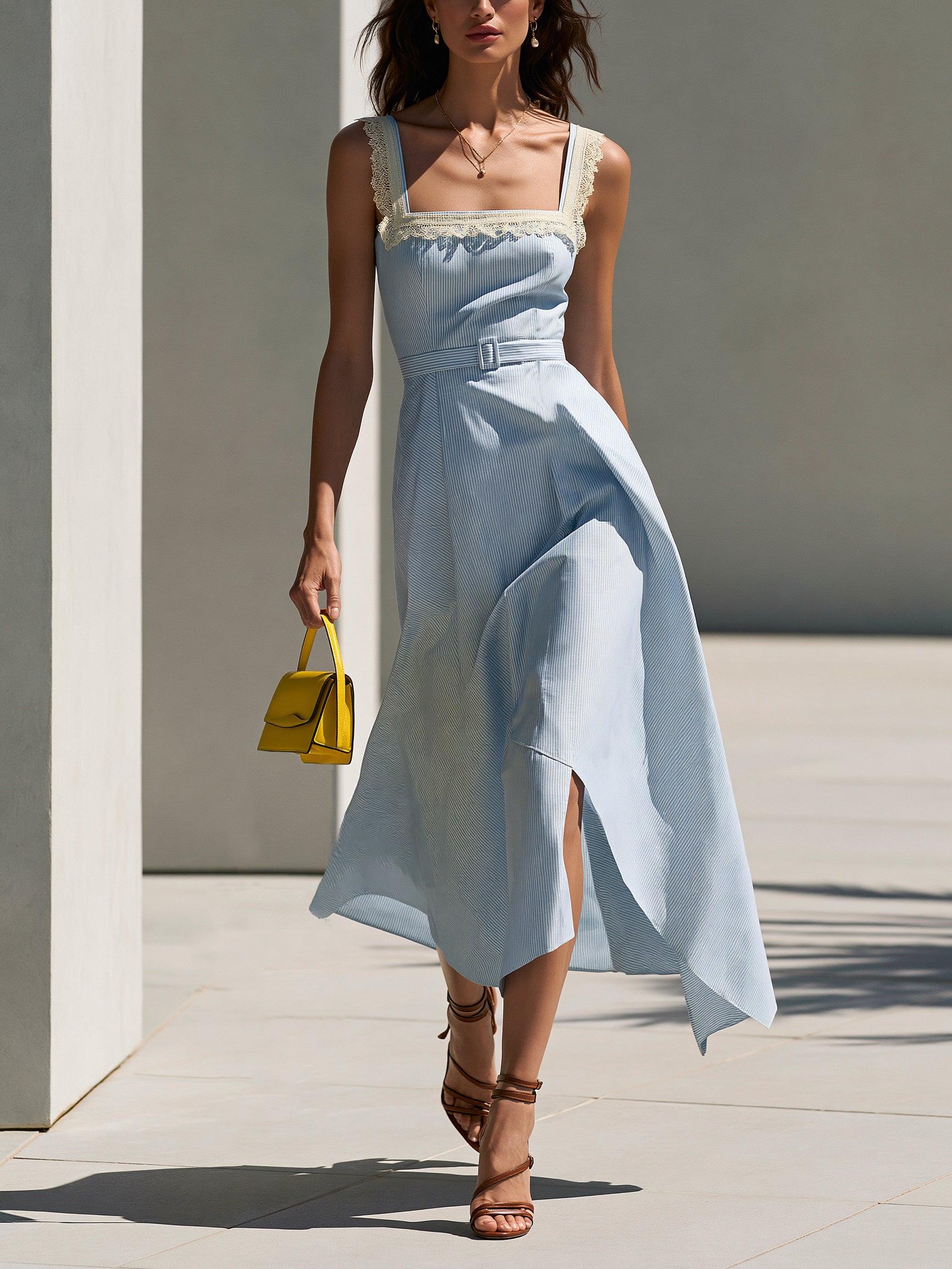 Liserie Sky Blue Lace Trim Asymmetrical Midi Dress