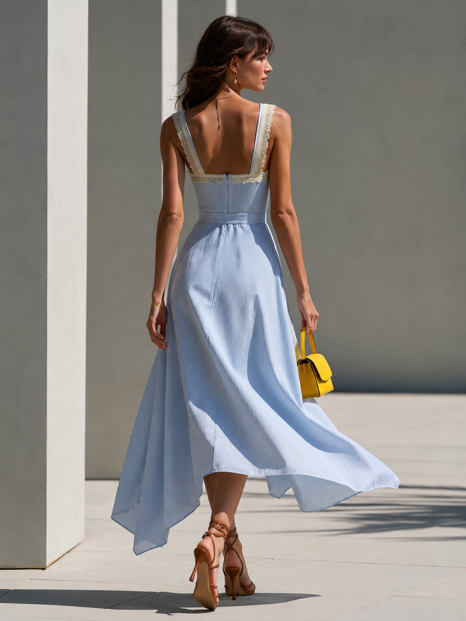 Liserie Sky Blue Lace Trim Asymmetrical Midi Dress