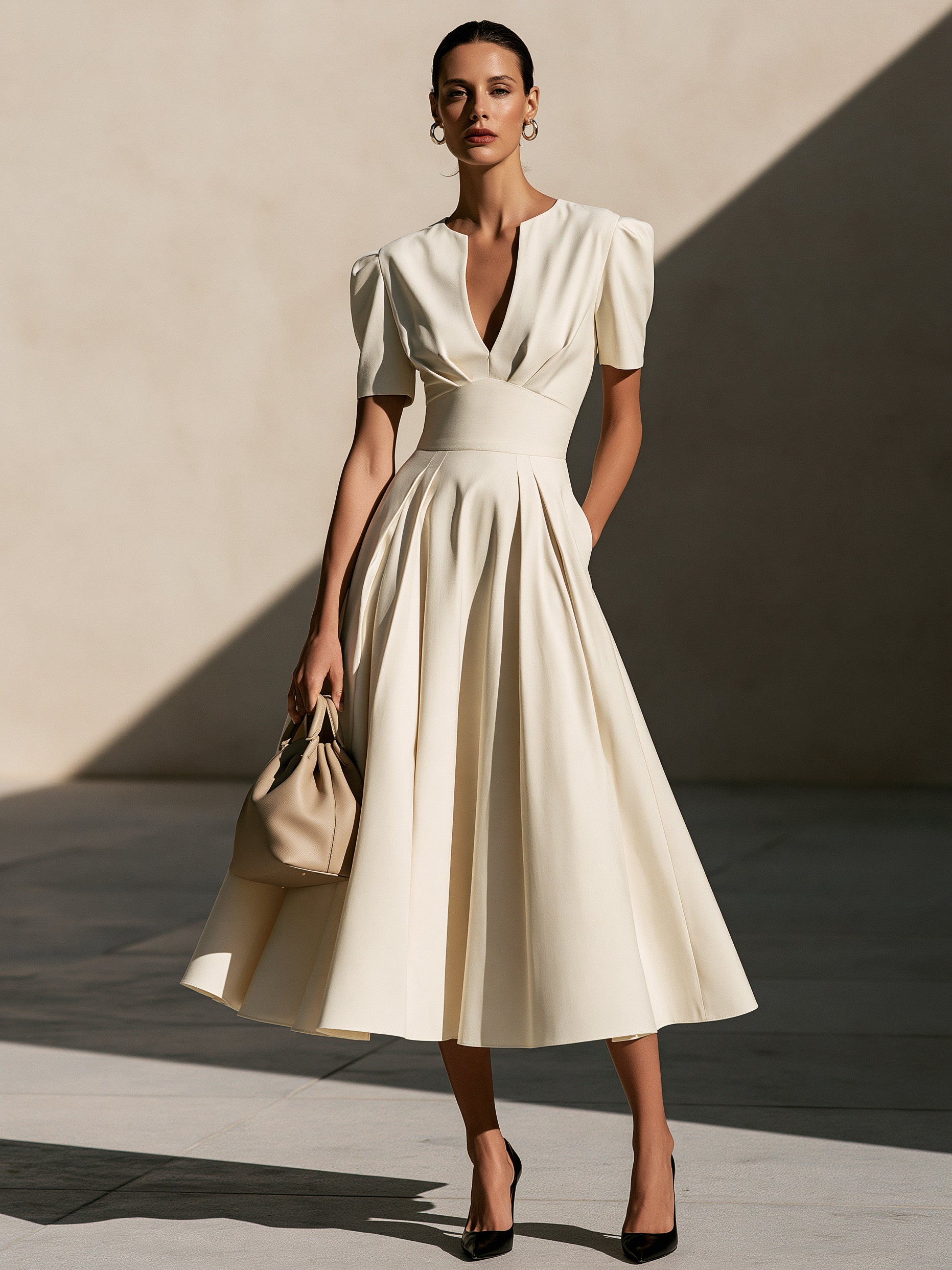 Liserie Cream Elegant Notch-Neck Midi Dress