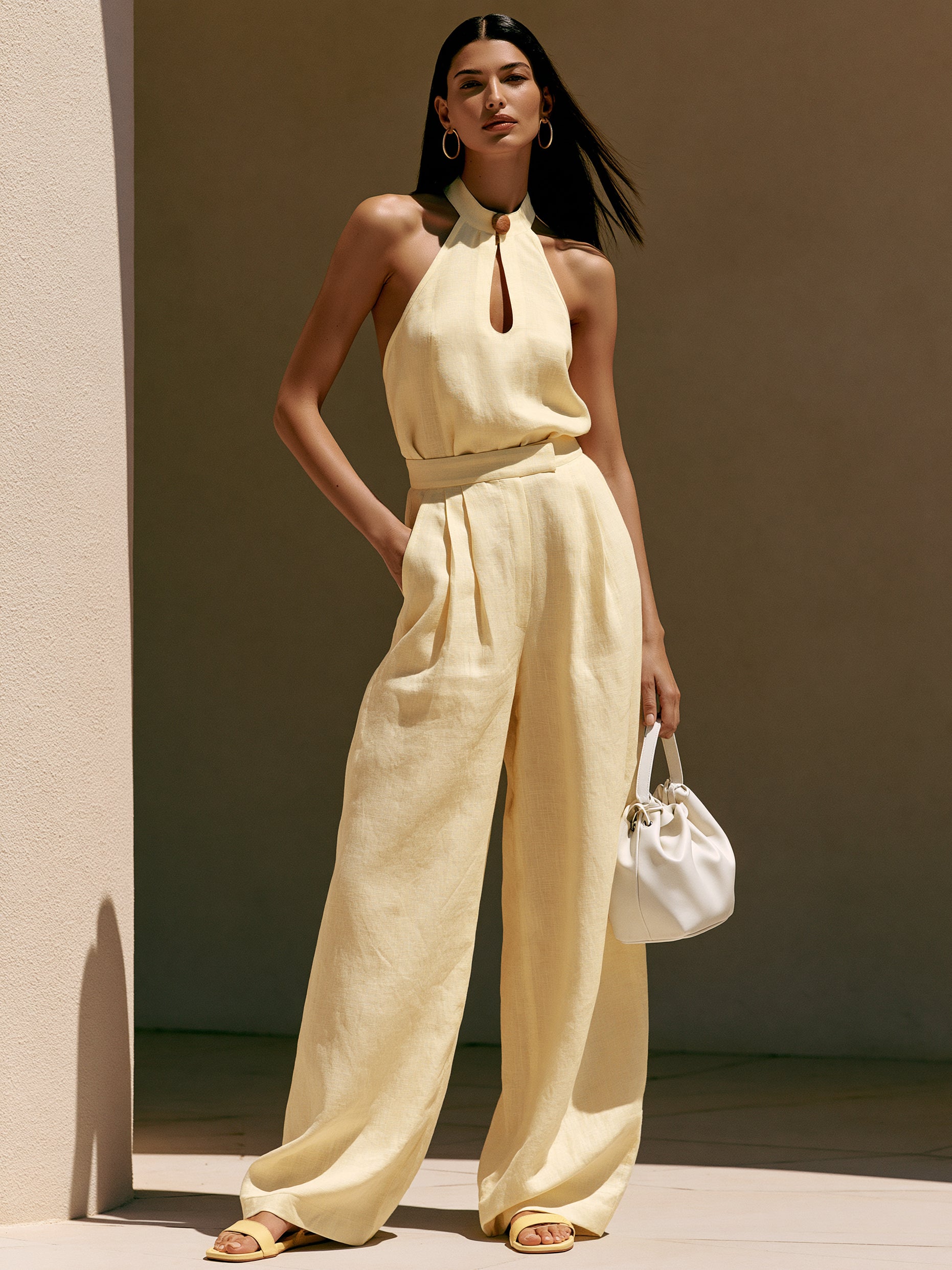 Liserie Linen “Butter Yellow” Halter Top & Wide-Leg Trousers Set
