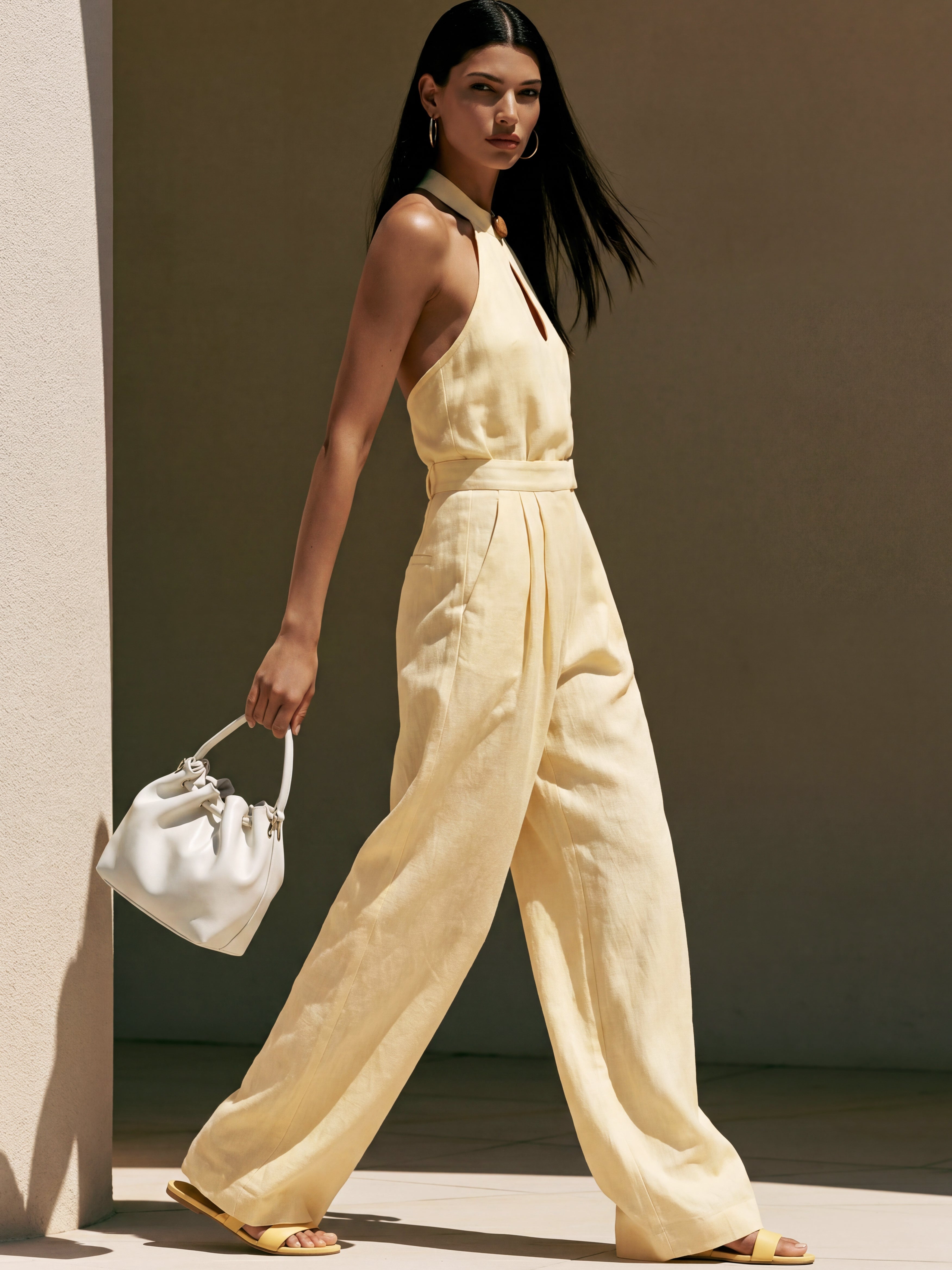 Liserie Linen “Butter Yellow” Halter Top & Wide-Leg Trousers Set