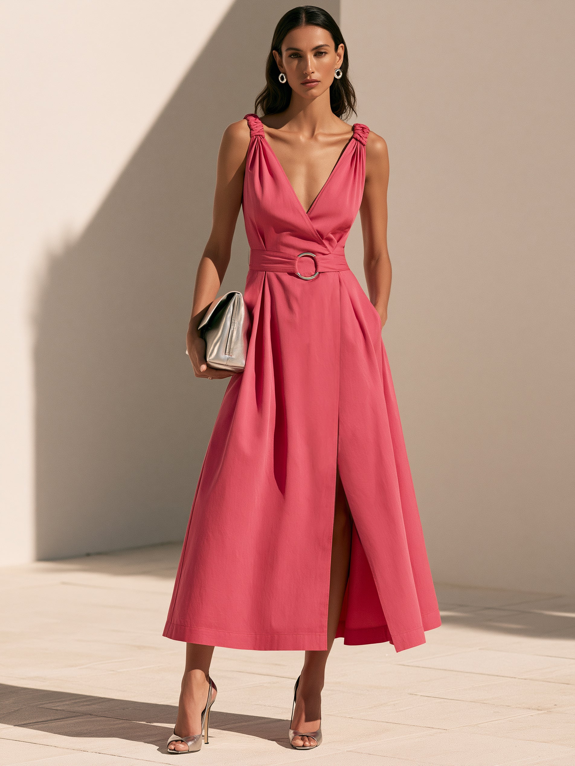 Liserie Watermelon Pink V-Neck Midi Dress