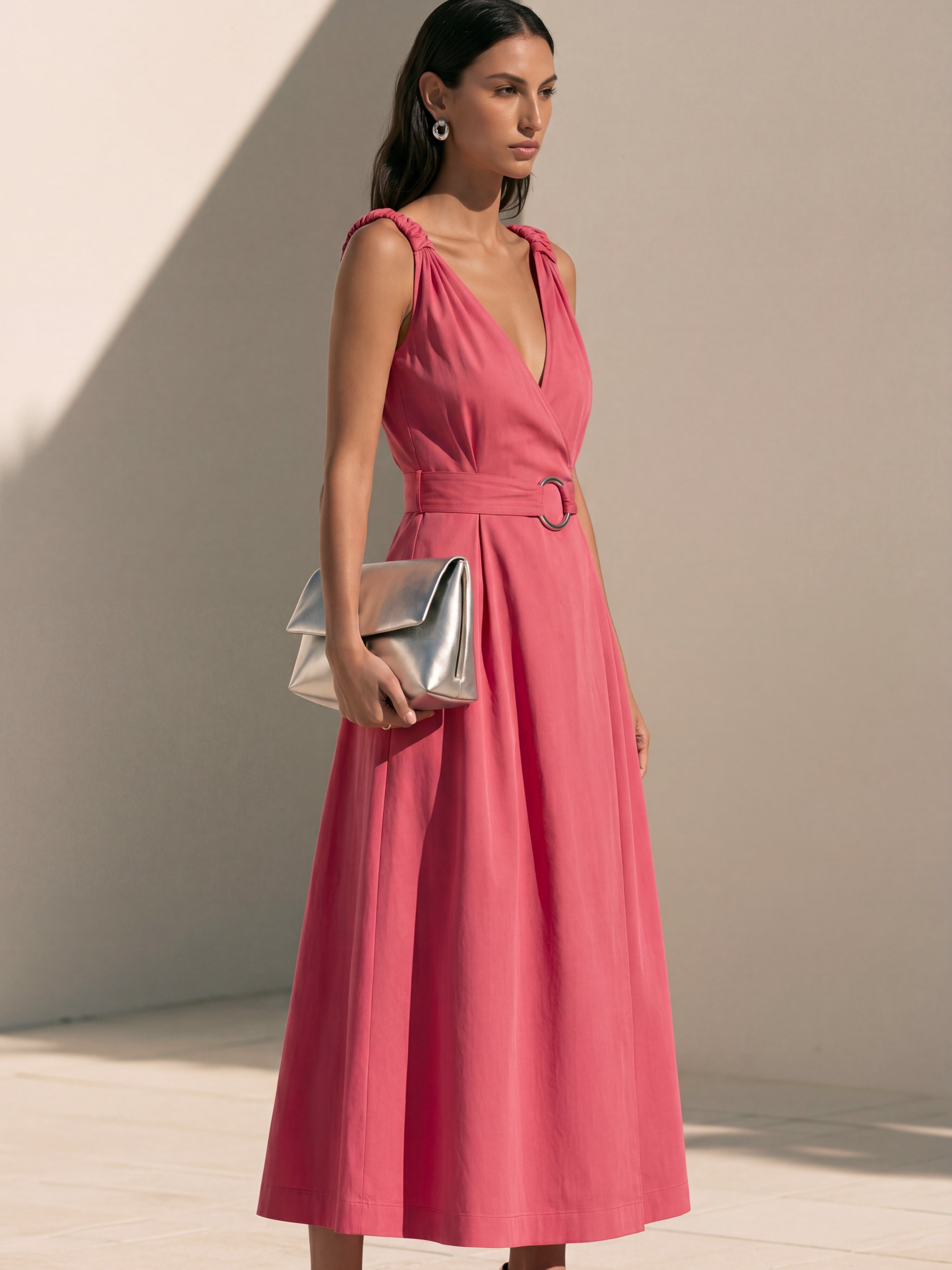 Liserie Watermelon Pink V-Neck Midi Dress