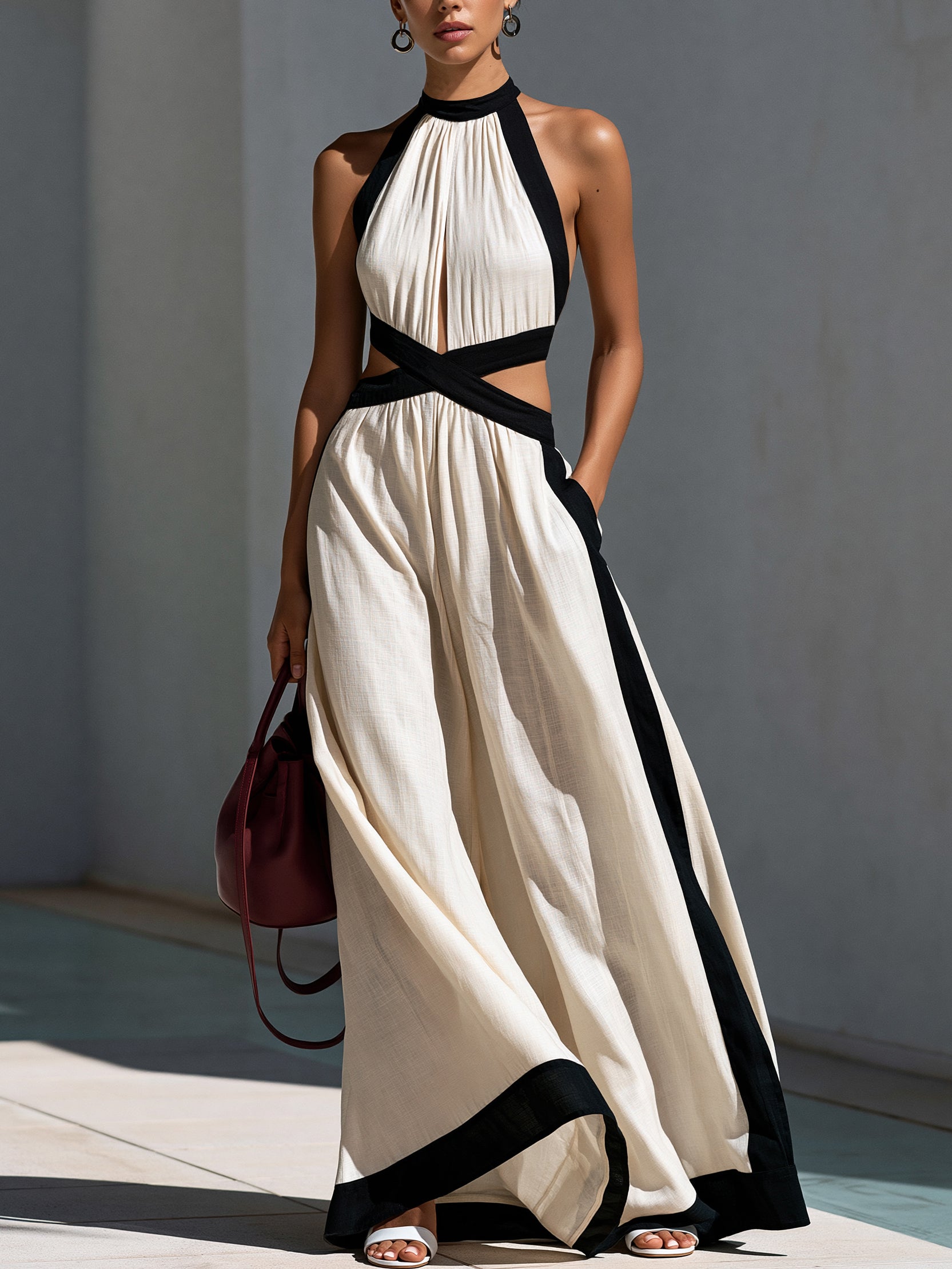 Liserie Linen Cross Waist & Contrast Trim Maxi Dress