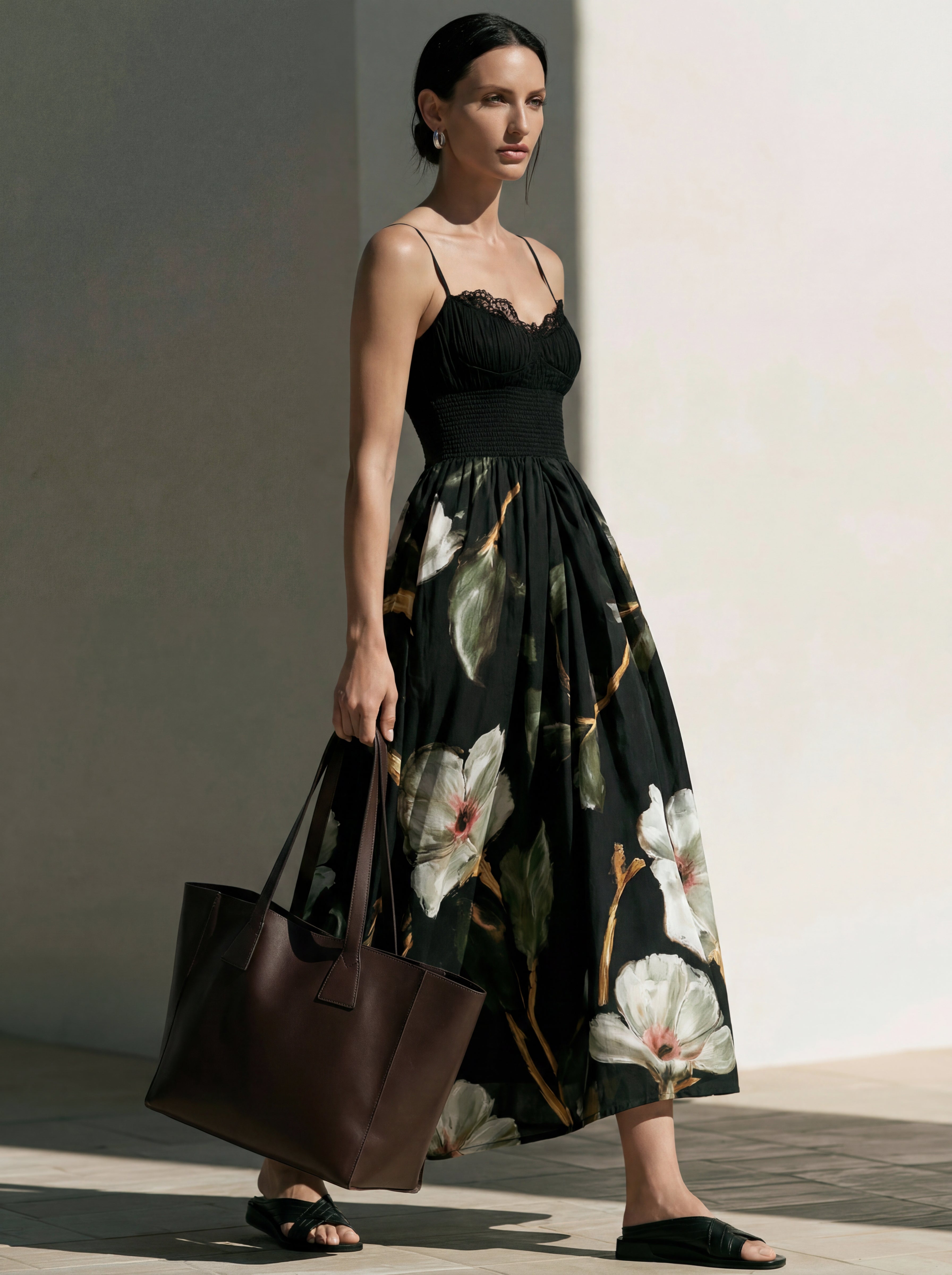 Liserie Chiffon Black Floral Print Midi Dress