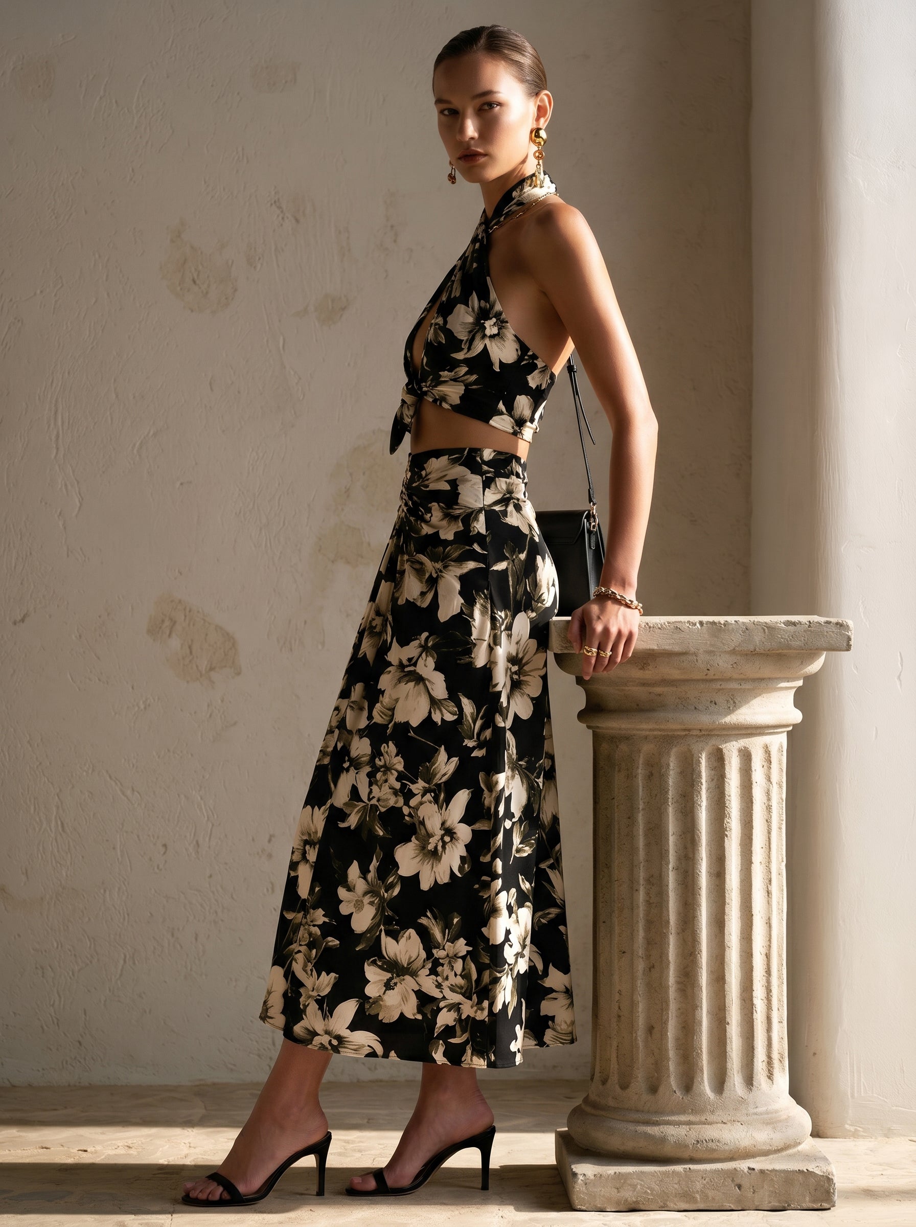 Liserie "Midnight Blooms" Halter Neck Cutout Top & Skirt Set
