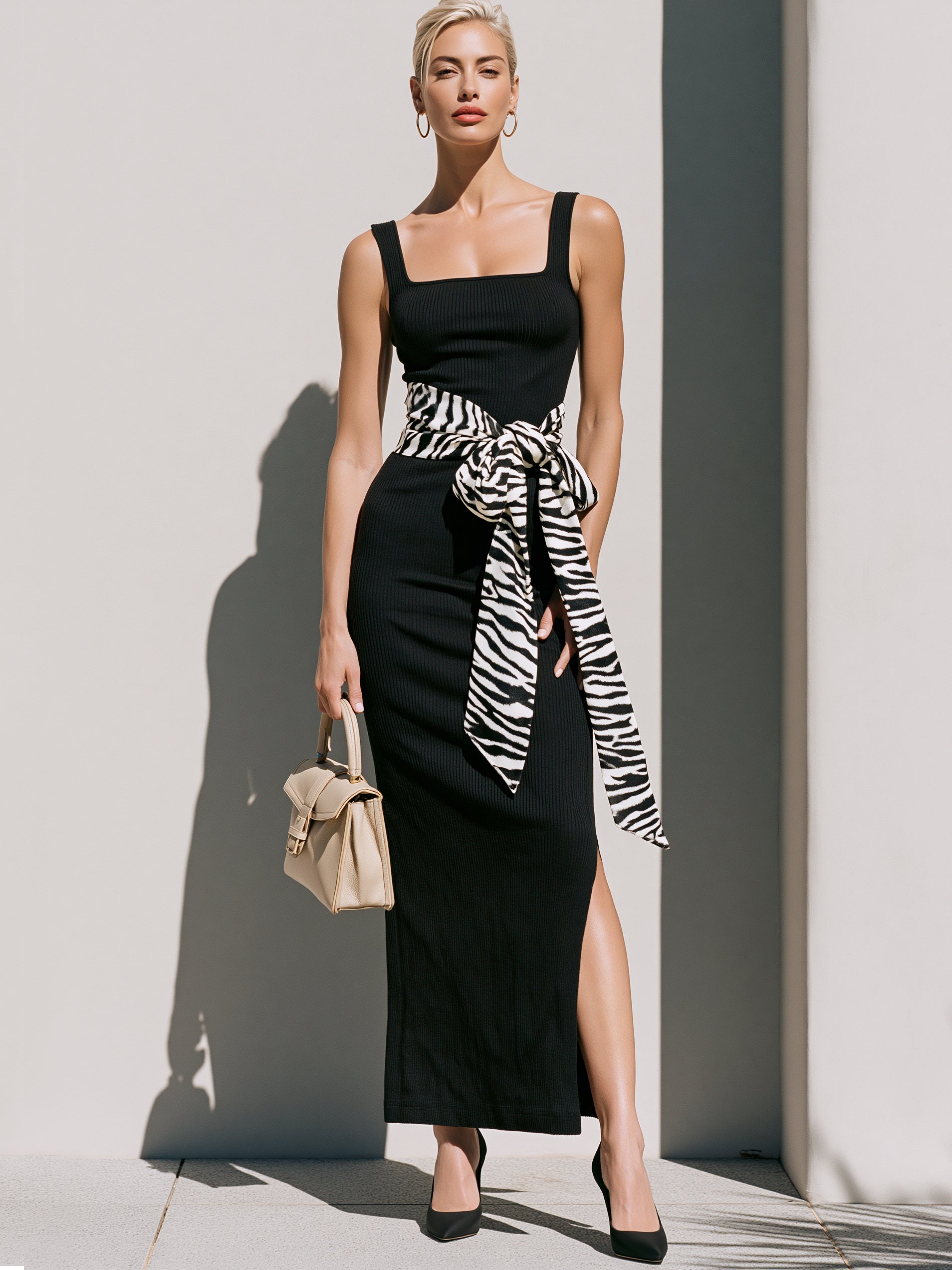Liserie Elegant Ribbed Square Neck Maxi Dress With Zebra Waist Tie