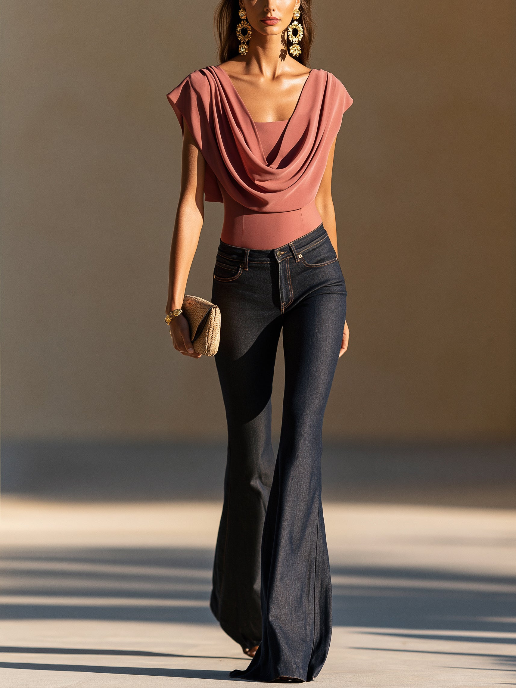 Liserie Sleeveless Top With Cowl Neck & High Rise Flare Denim Jeans Set